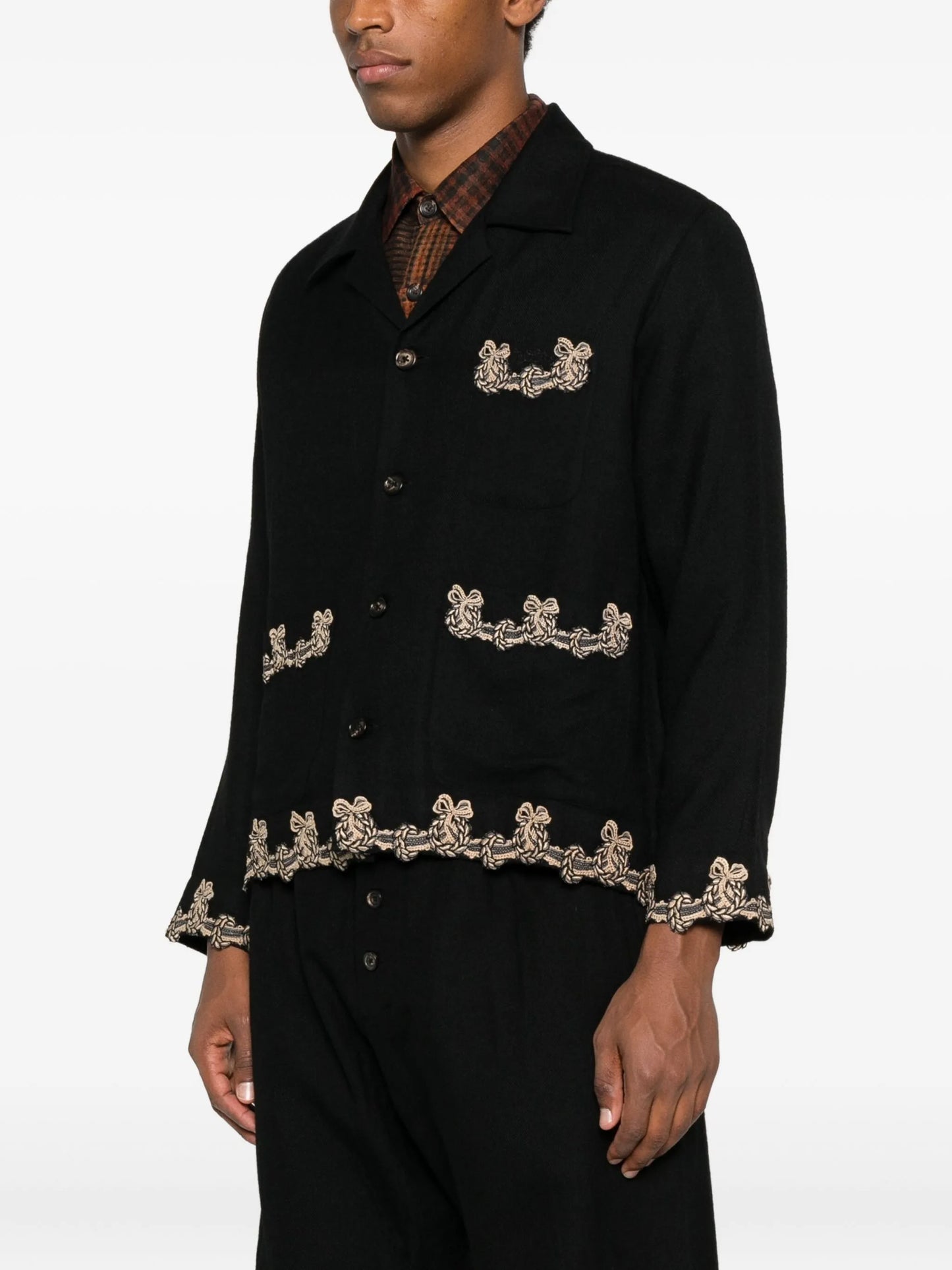 embroidered-pocket wool overshirt