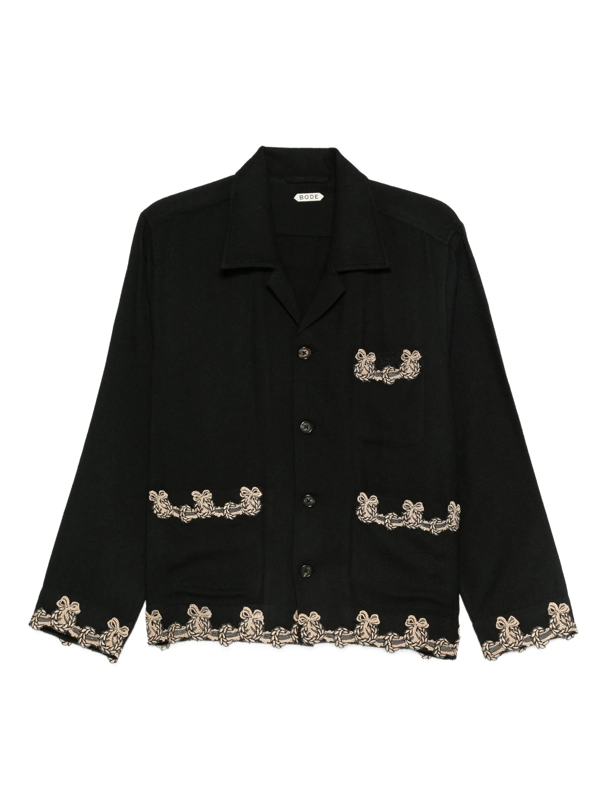embroidered-pocket wool overshirt