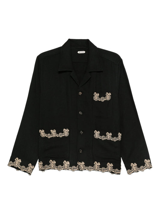 embroidered-pocket wool overshirt