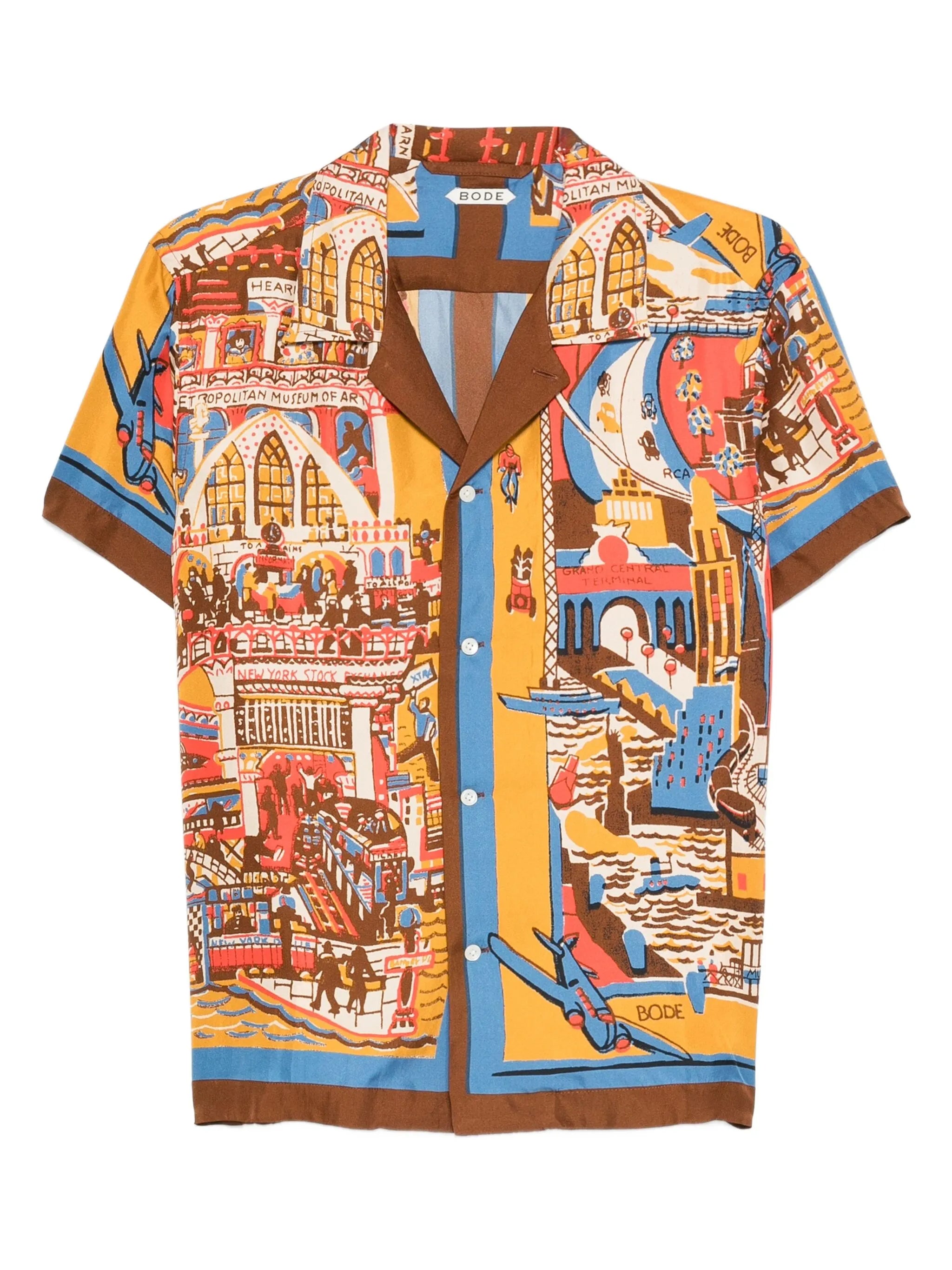 city-scene print silk shirt