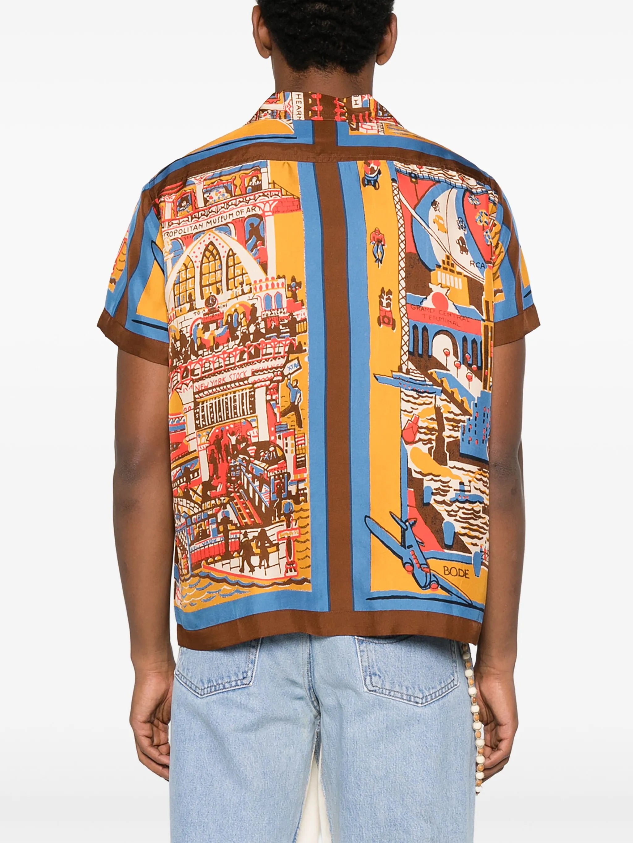 city-scene print silk shirt