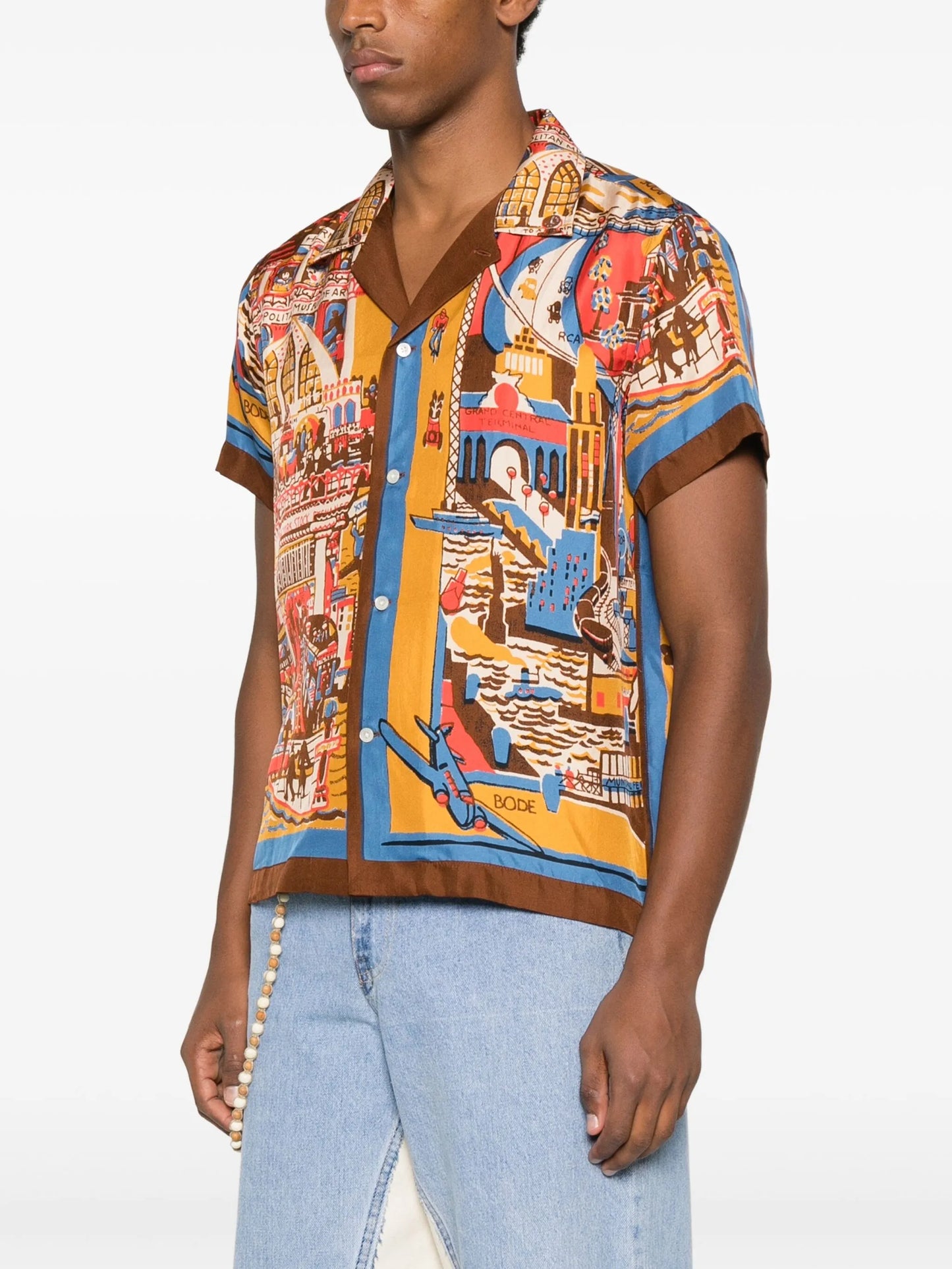 city-scene print silk shirt