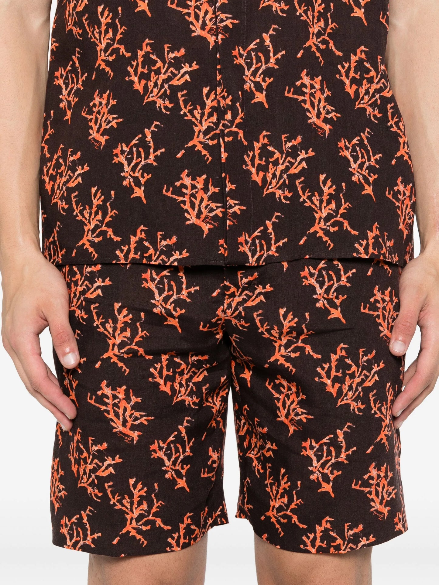 coral-print linen shorts