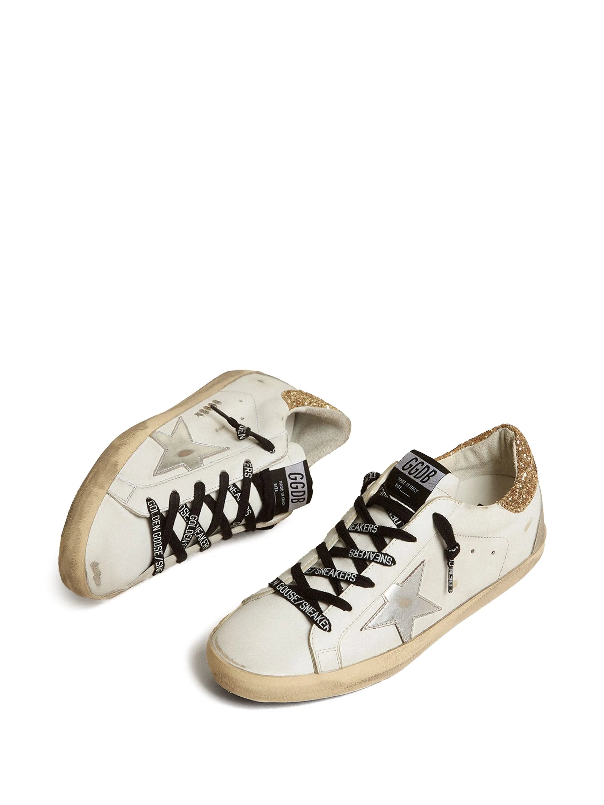 white leather Super-Star trainers with glittery heel tab