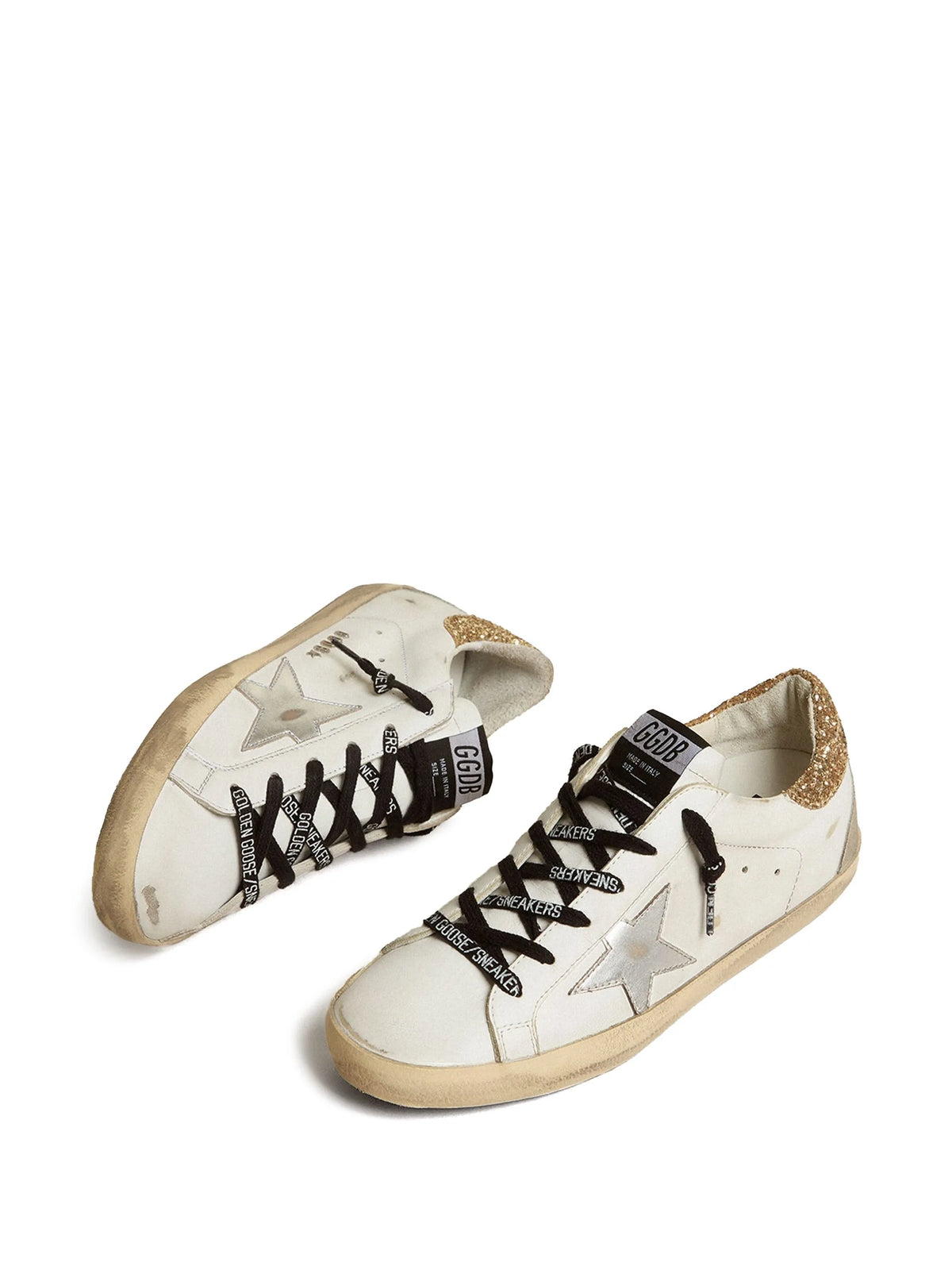 white leather Super-Star trainers with glittery heels tab