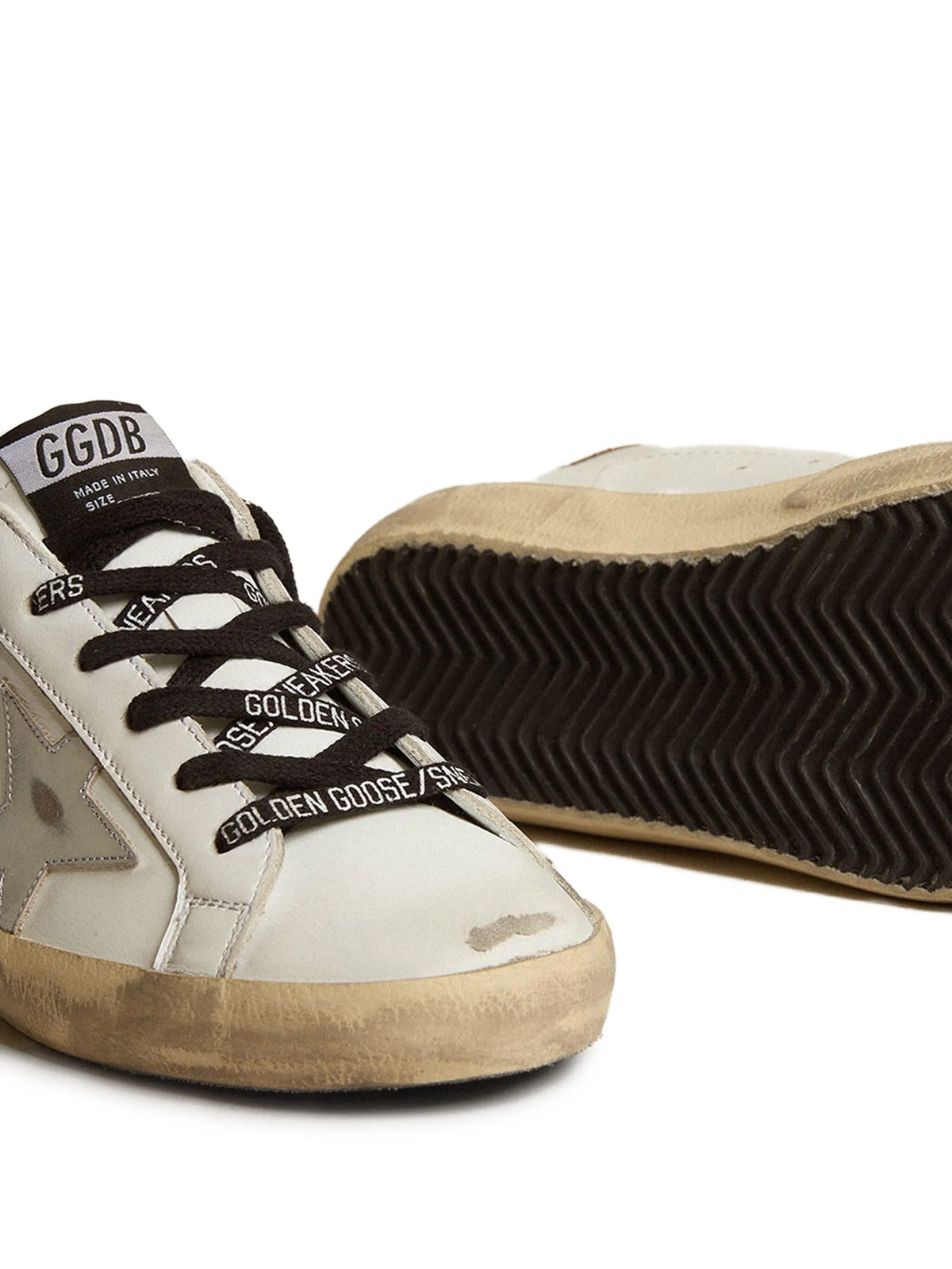 white leather Super-Star trainers with glittery heels tab