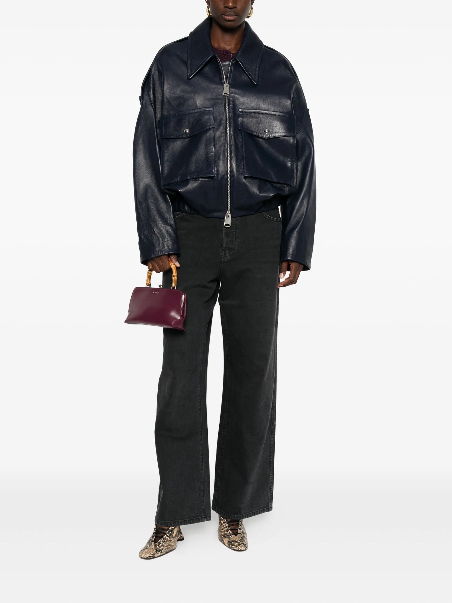 leather zip-up bomber jacket