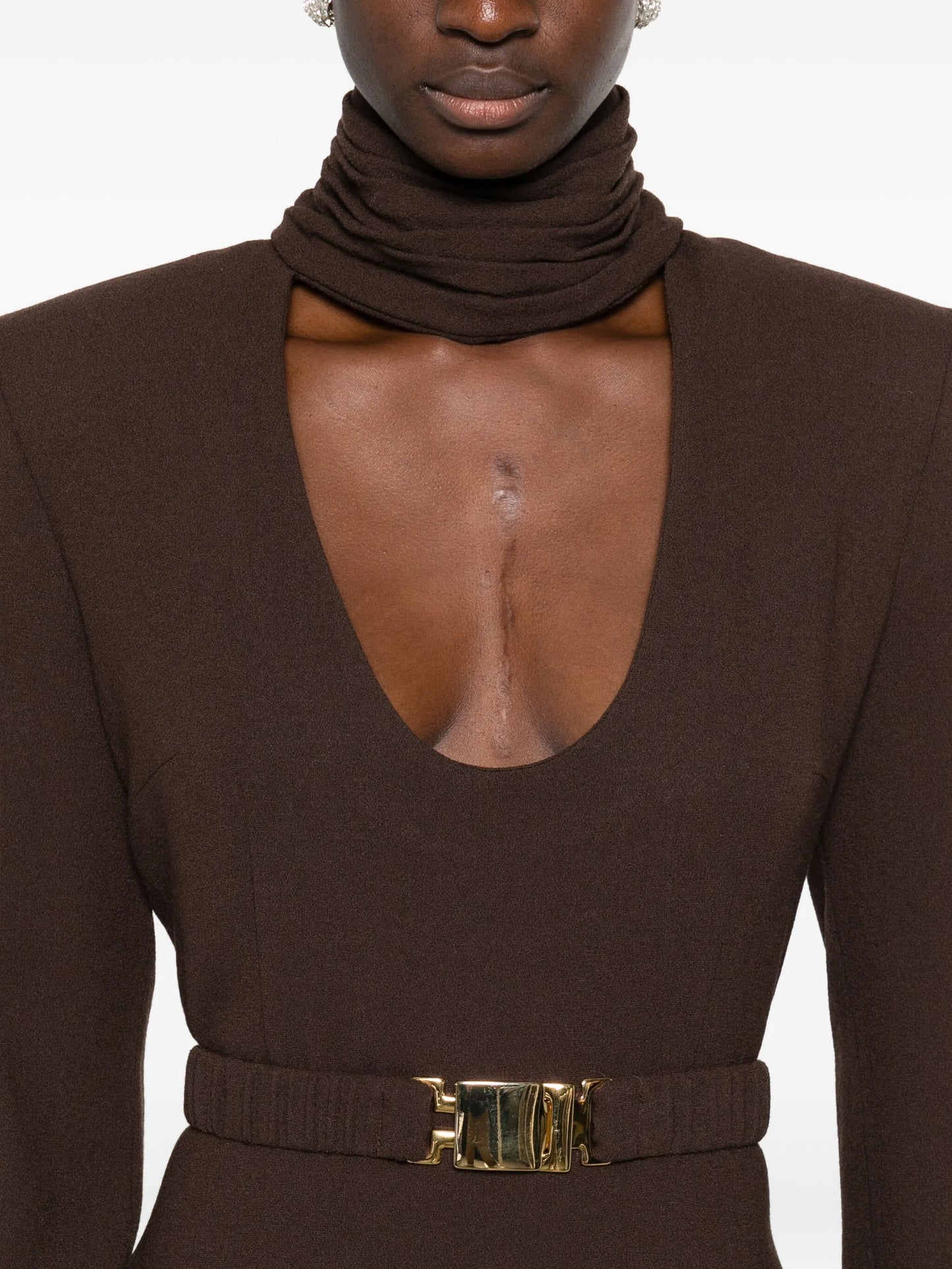 high-neck belted mini dress