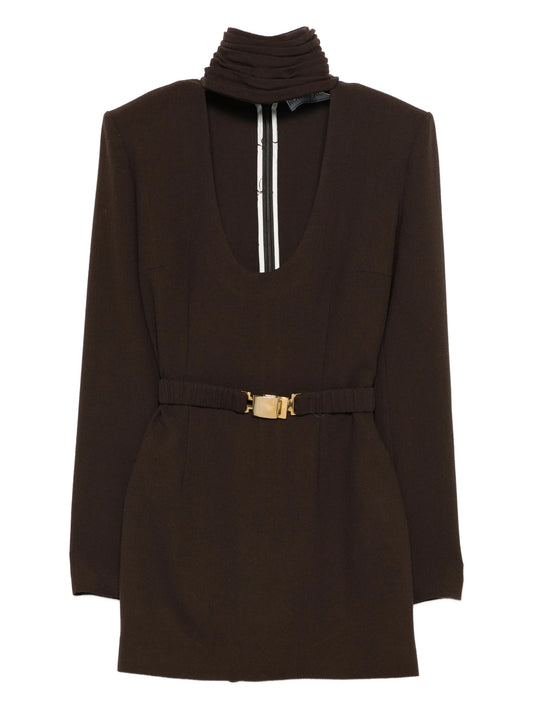 high-neck belted mini dress