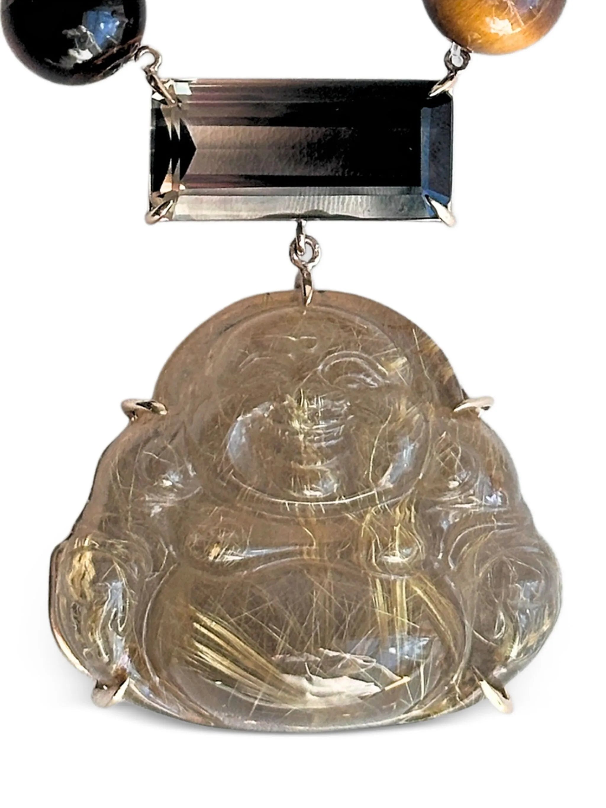 14K white gold Happy Buddha smoky quartz and tigers eye necklace