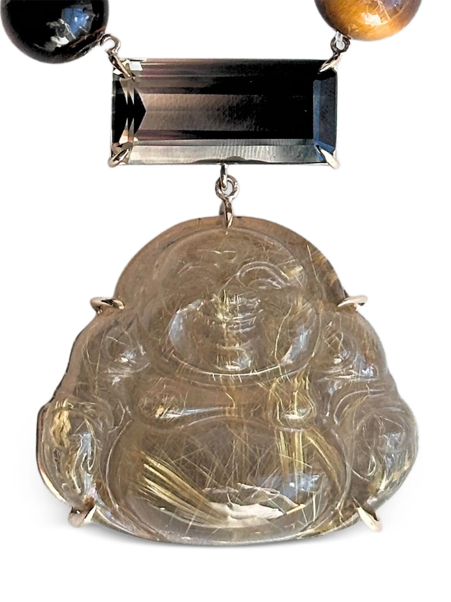 14K white gold Happy Buddha smoky quartz and tigers eye necklace