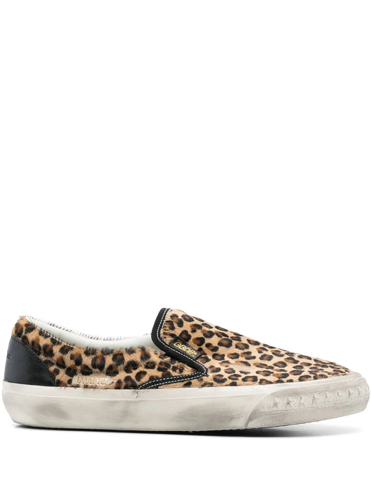 VCE Penstar trainers in leopard-print pony skin with black leather heels tab