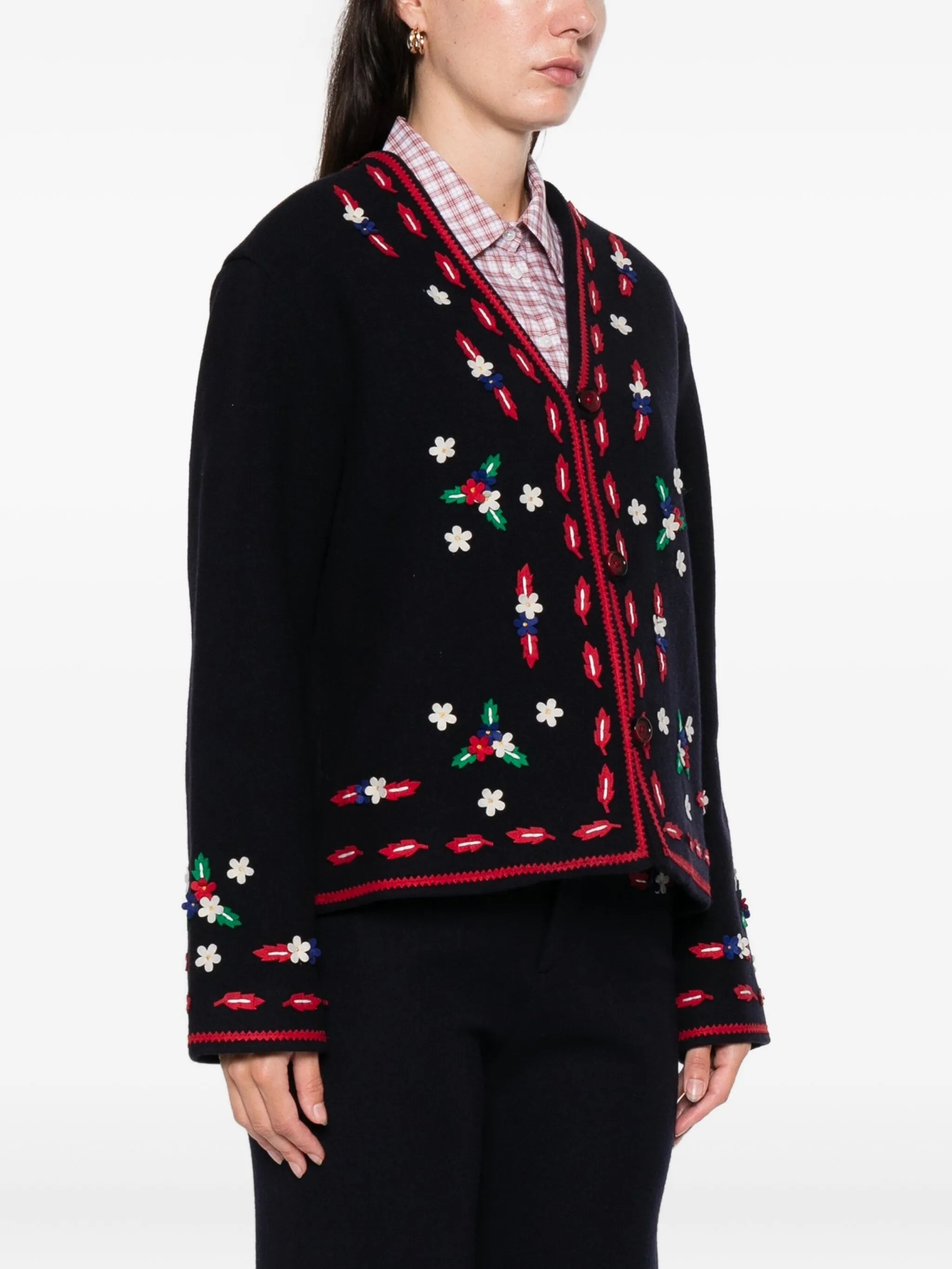 flower appliqué V-neck knitwear