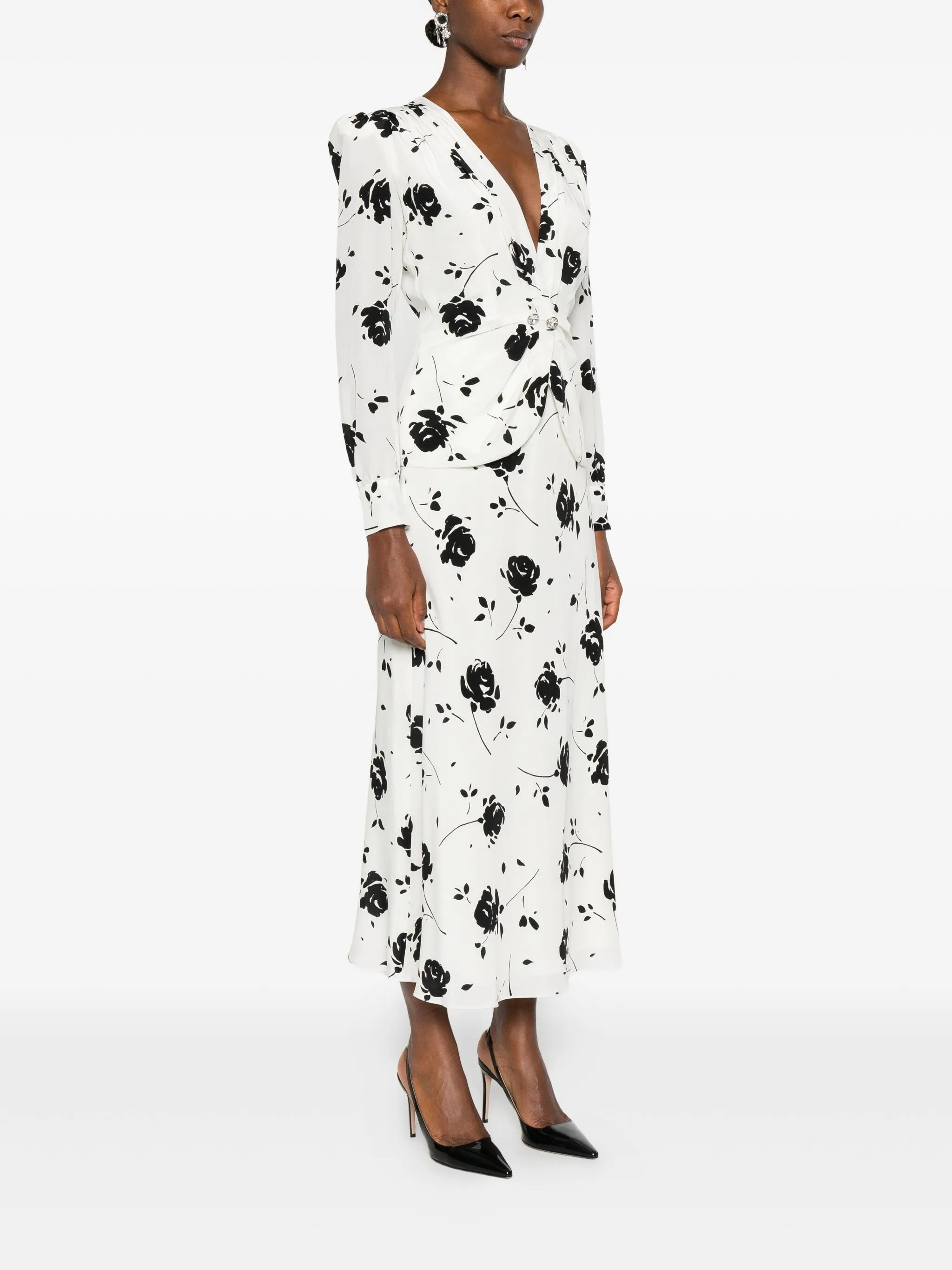 rose-print button-detail midi dress