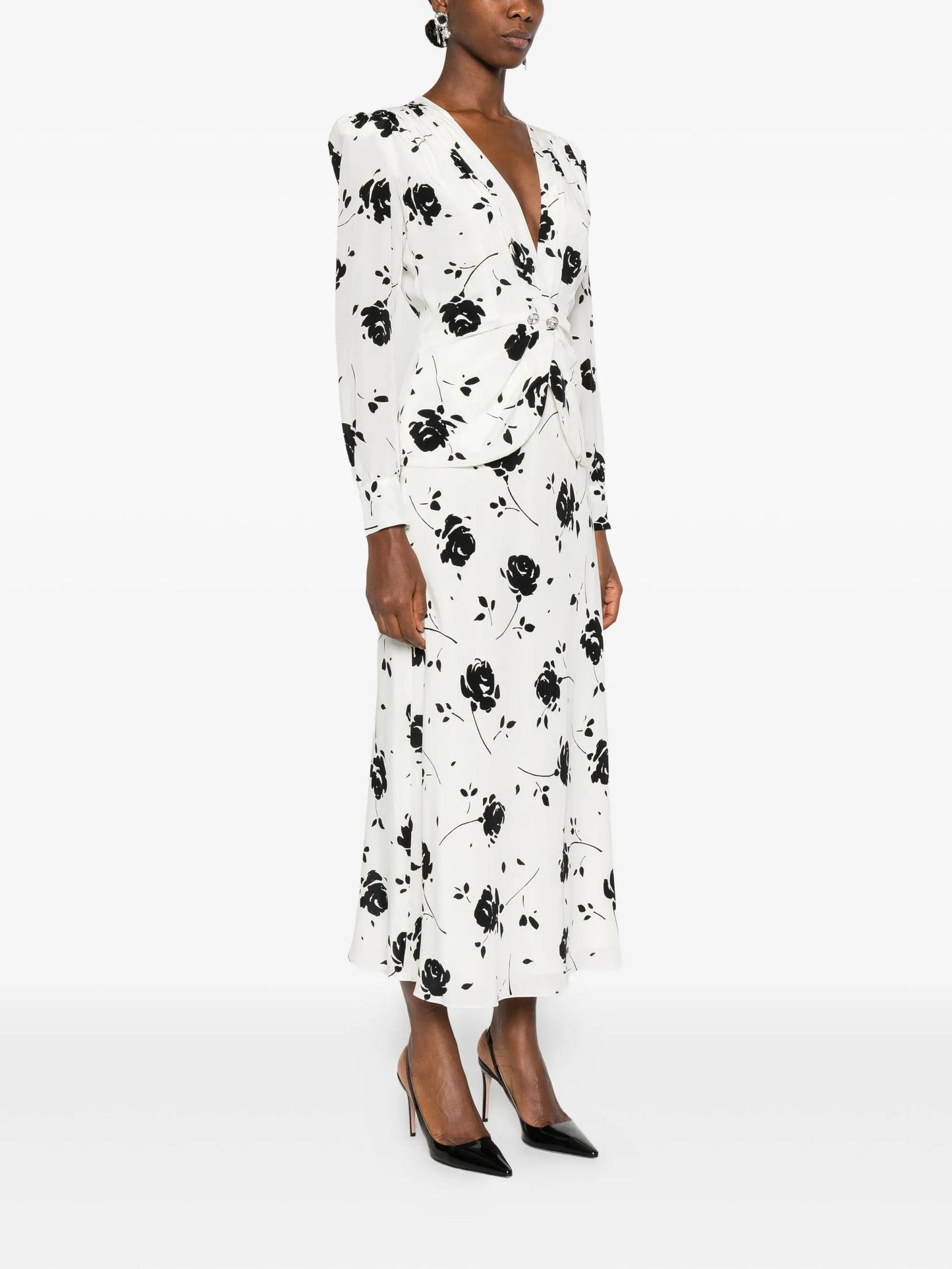 rose-print button-detail midi dress