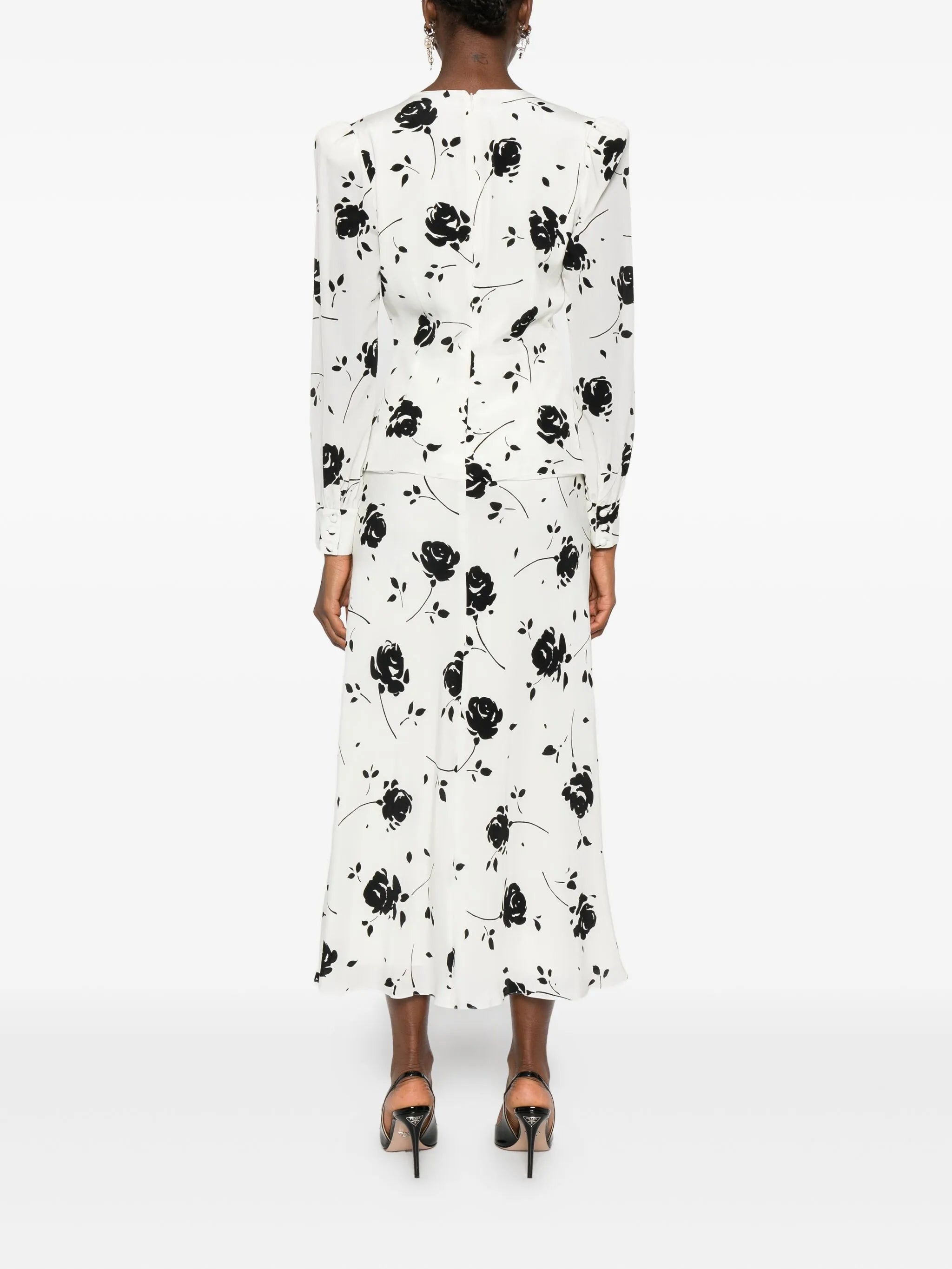 rose-print button-detail midi dress