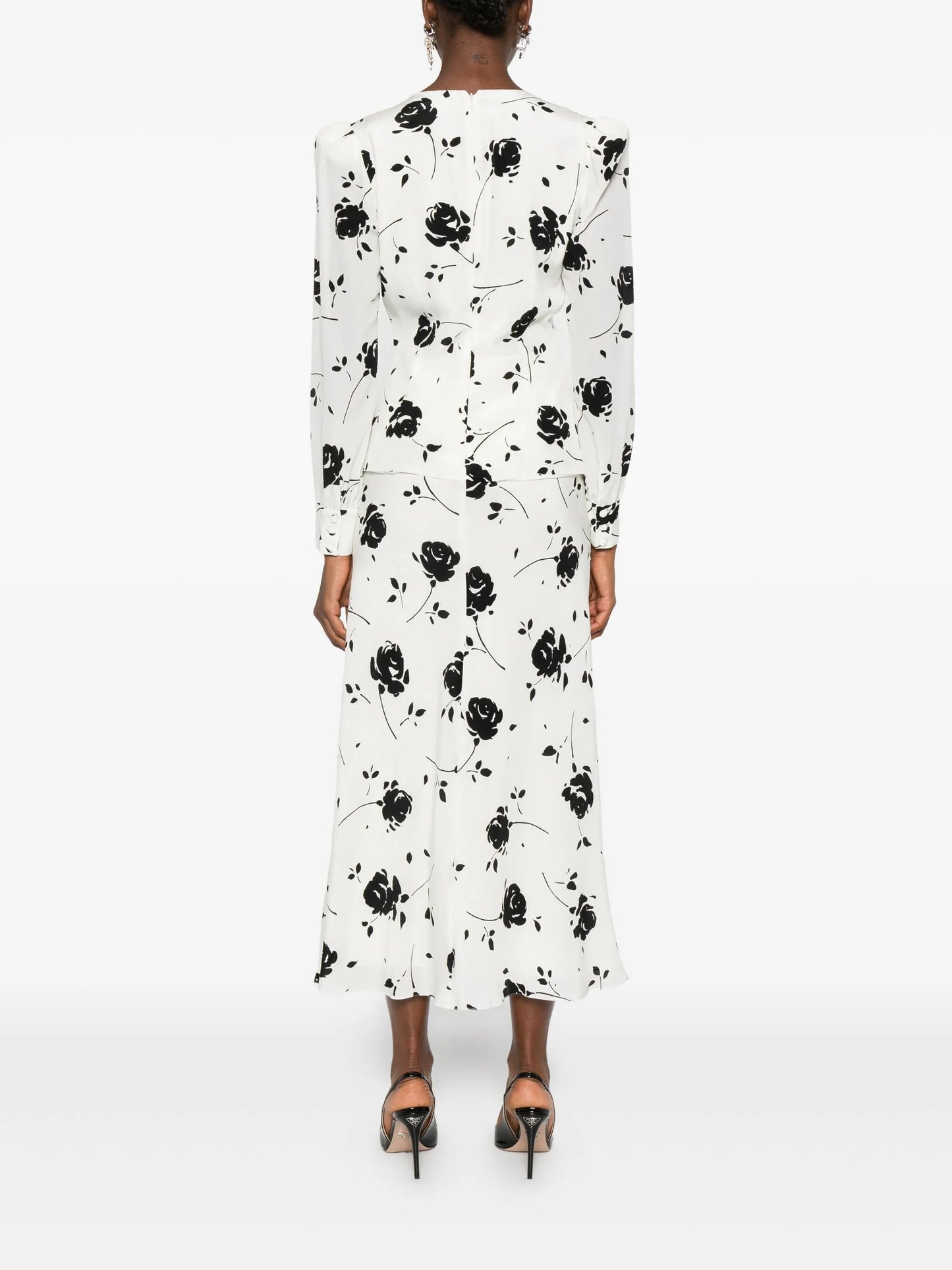 rose-print button-detail midi dress