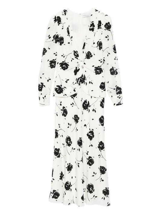 rose-print button-detail midi dress