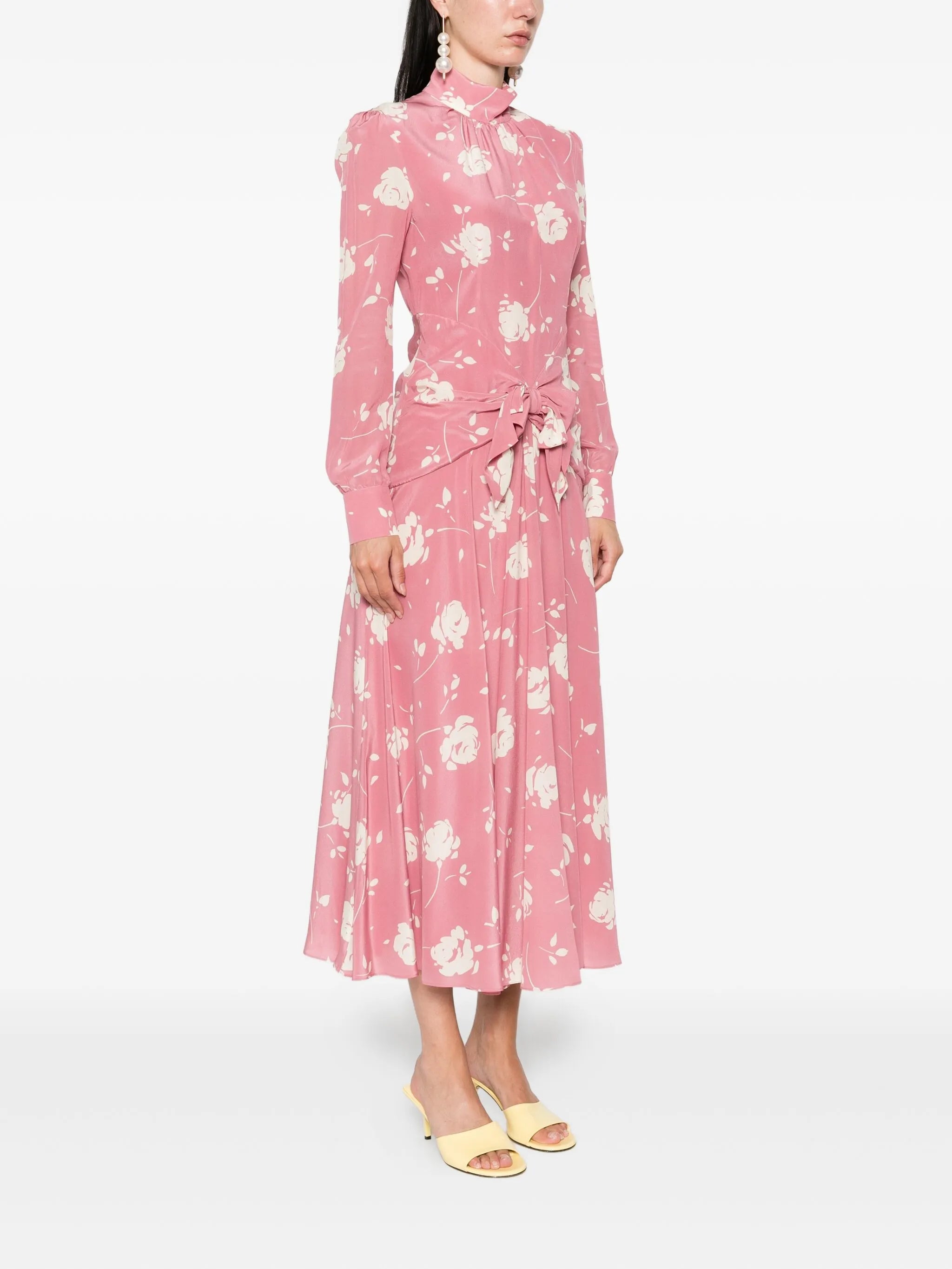 rose-print belted midi dress