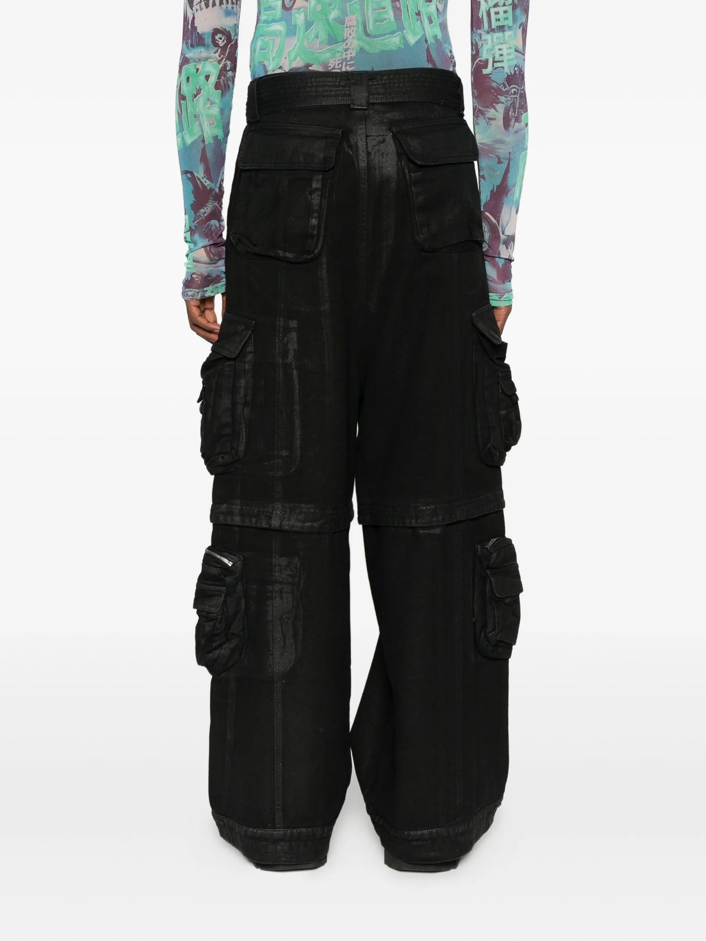 coated-finish cargo jeans