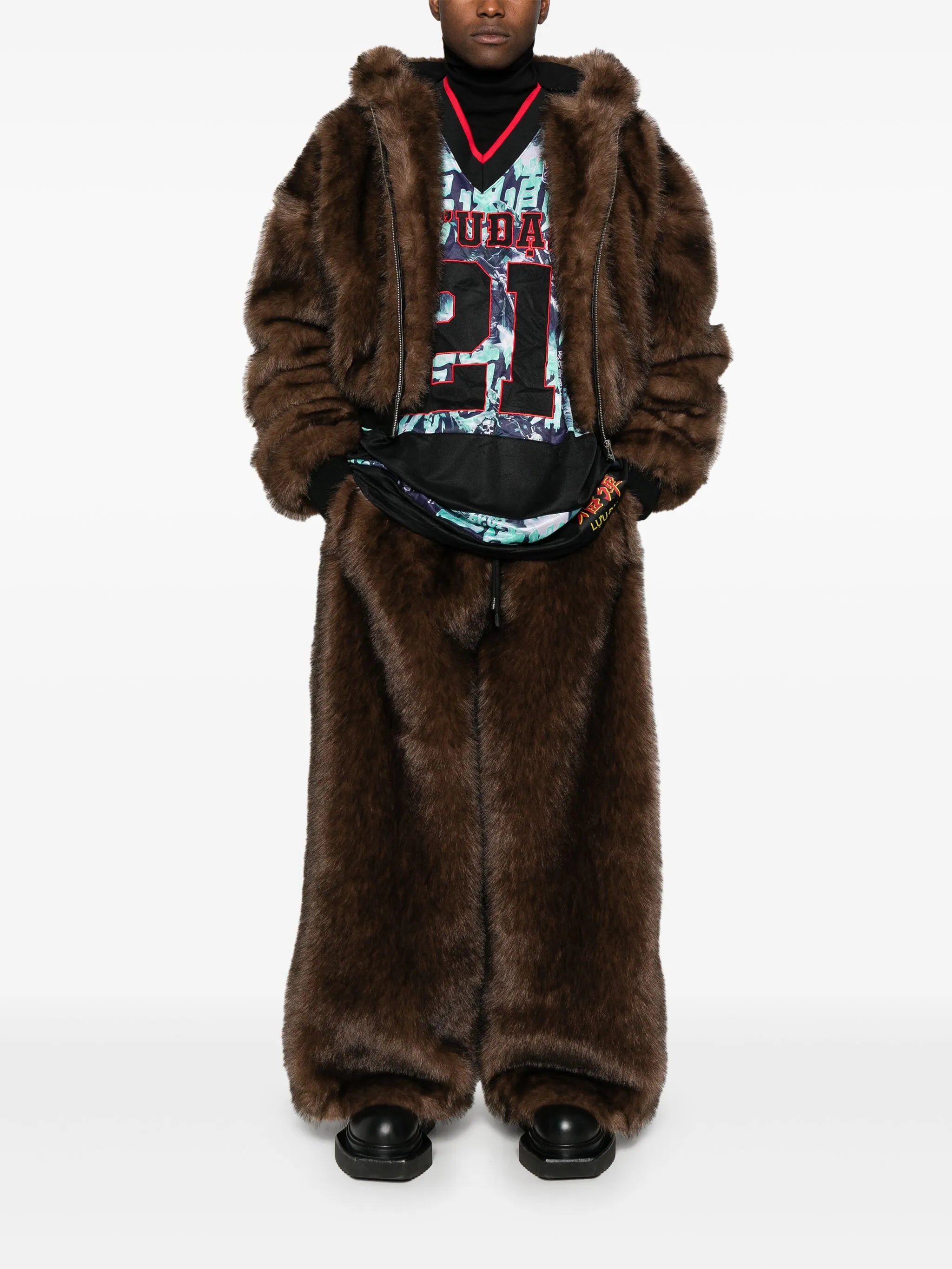 hooded faux-fur jacket