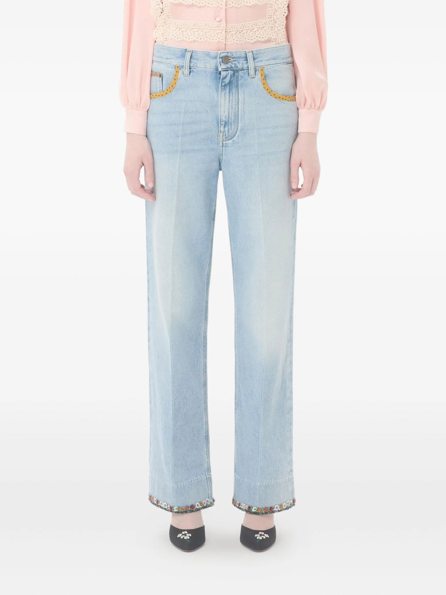 floral-hem faded jeans