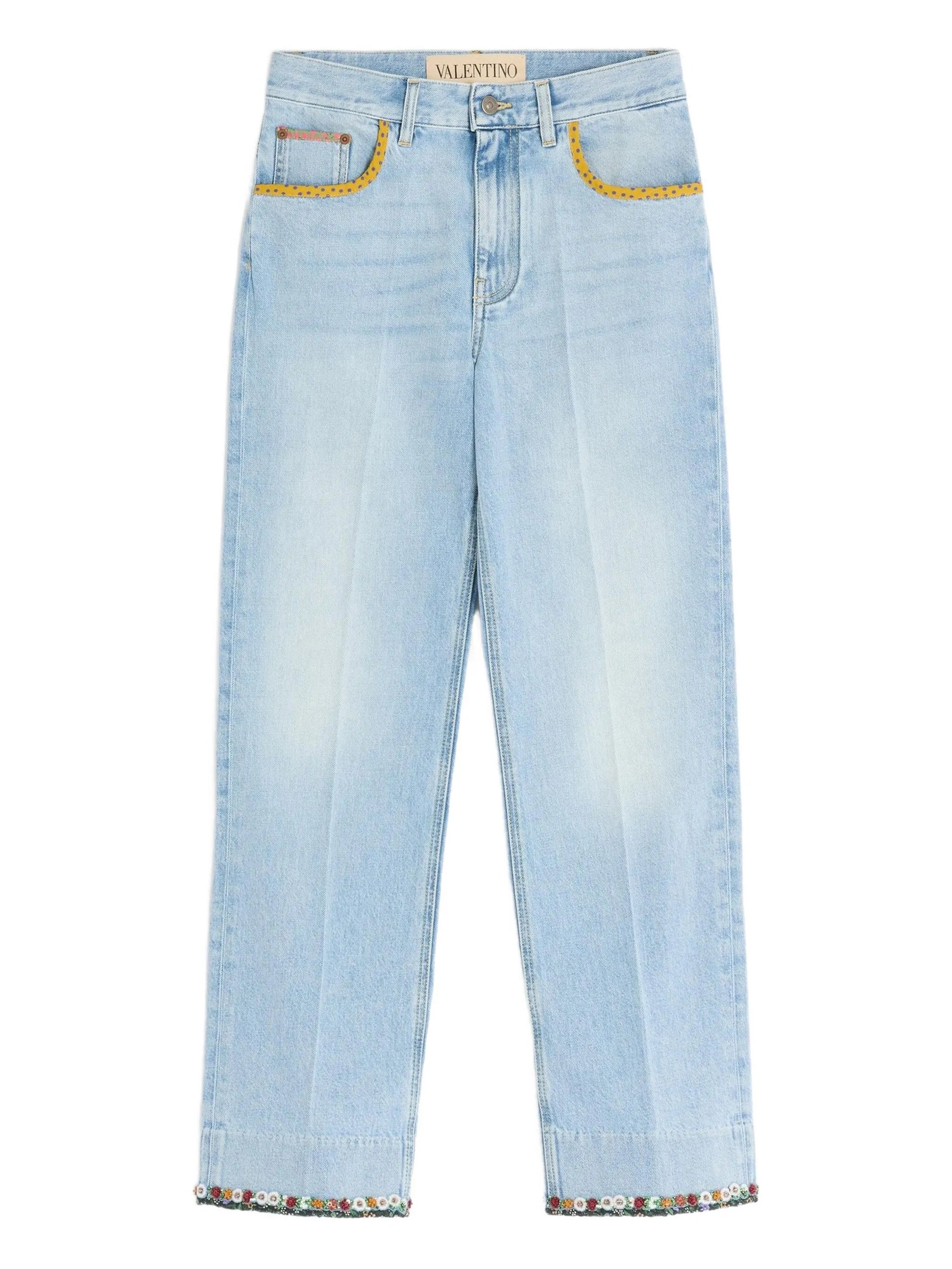 floral-hem faded jeans