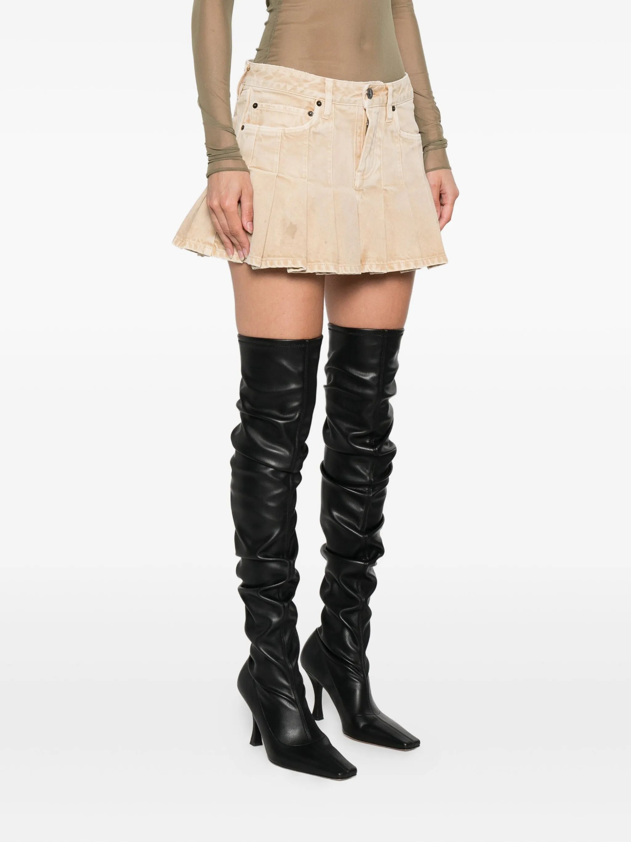 pleated denim mini skirt