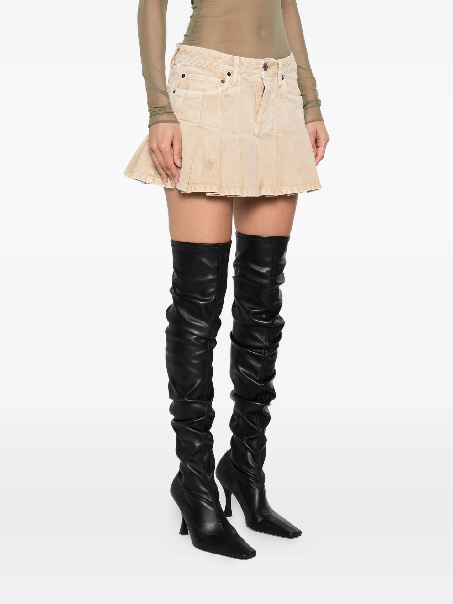 pleated denim mini skirt
