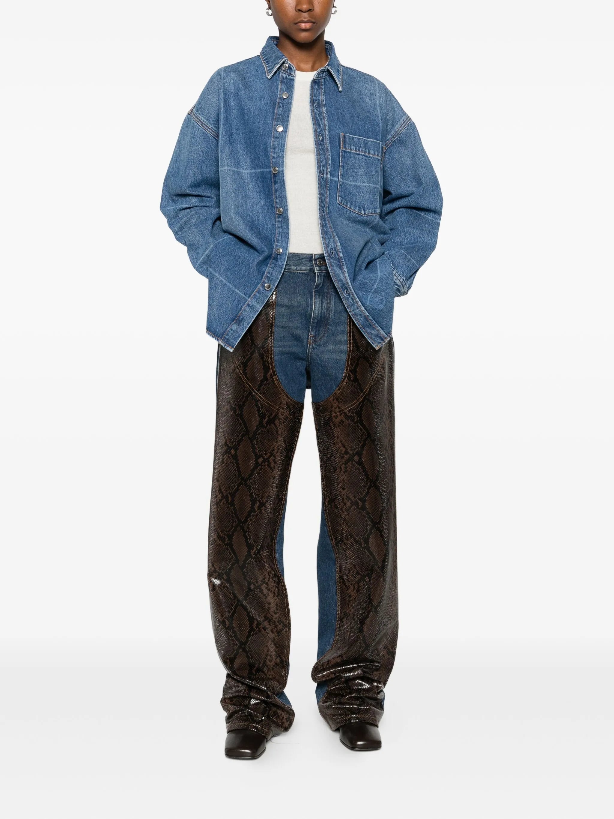 grid-pattern denim shirt