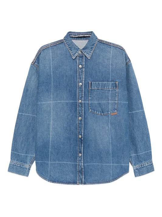 grid-pattern denim shirt