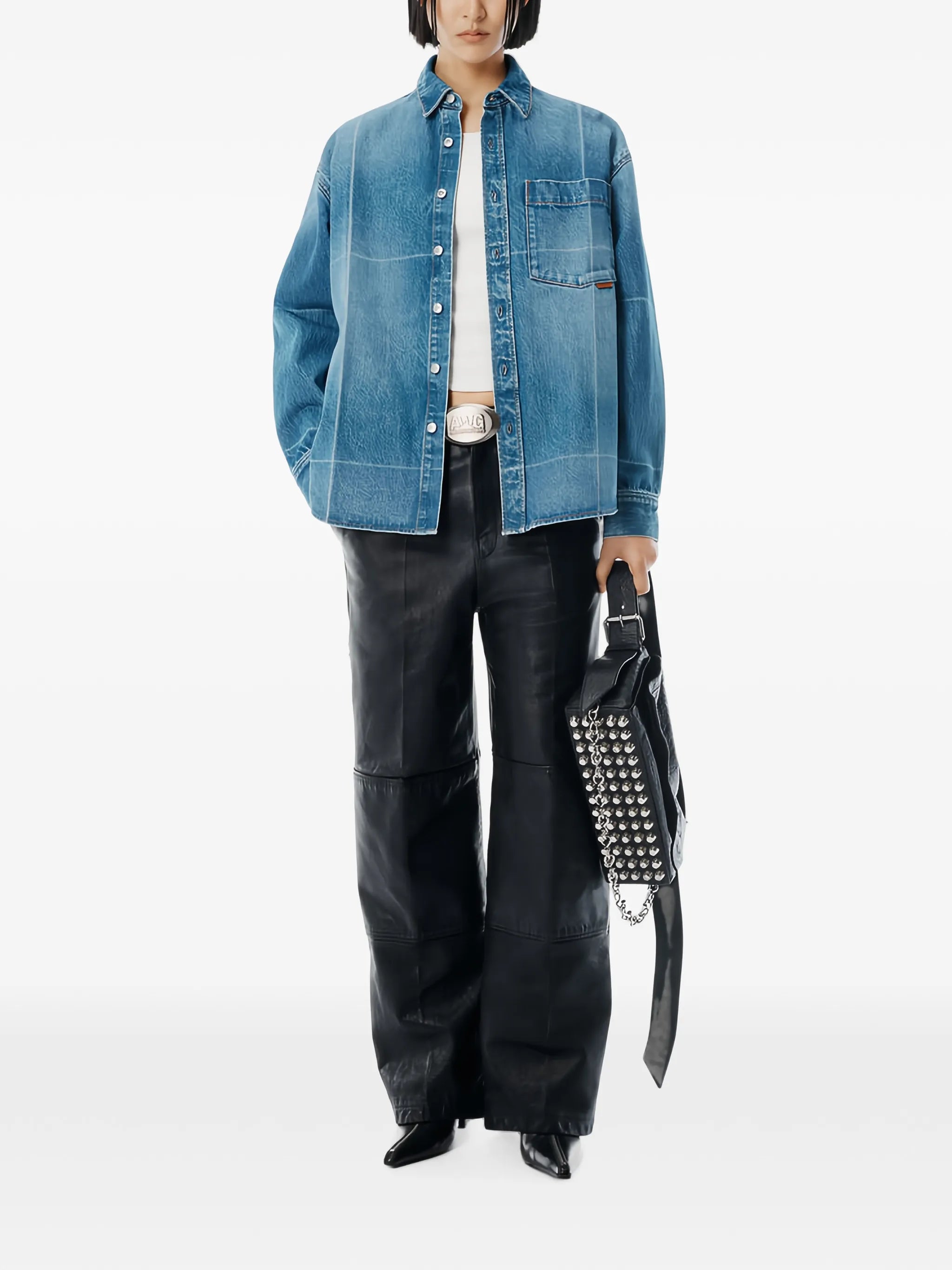 grid-pattern denim shirt
