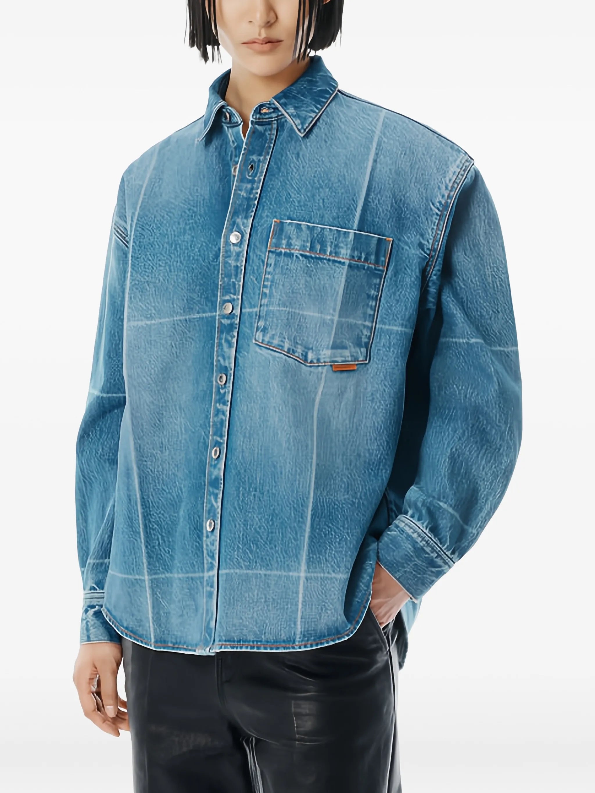 grid-pattern denim shirt