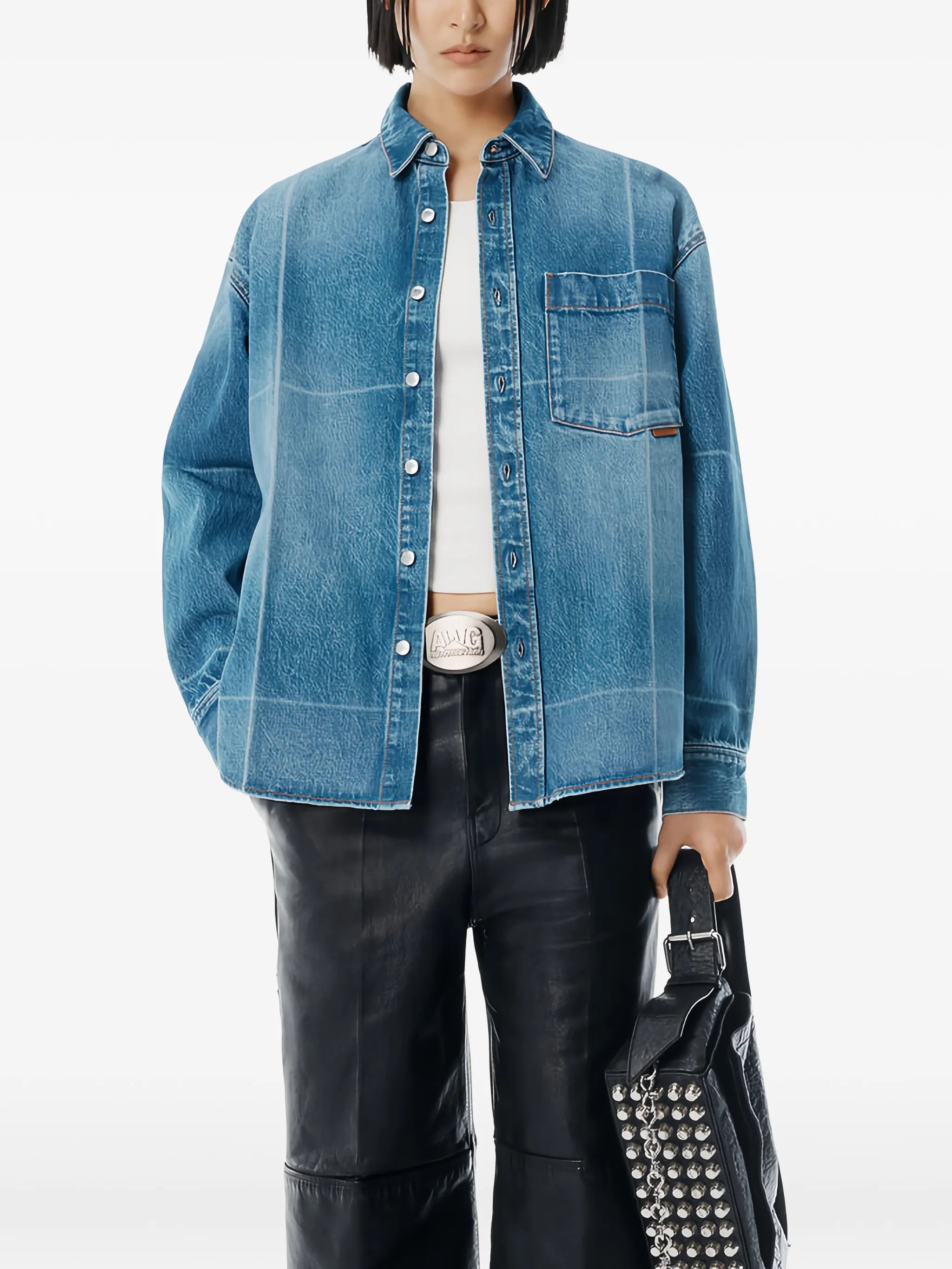 grid-pattern denim shirt