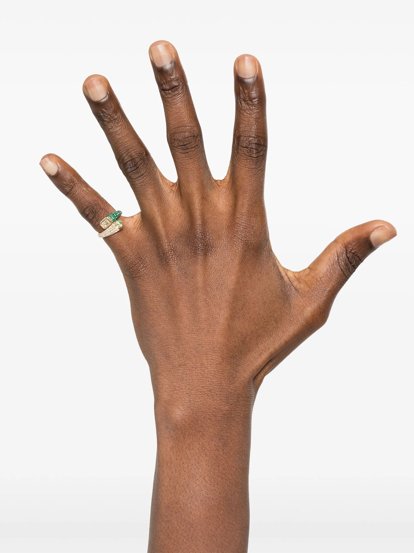 18K yellow gold Mixed Bypass diamond and emerald pinky ring