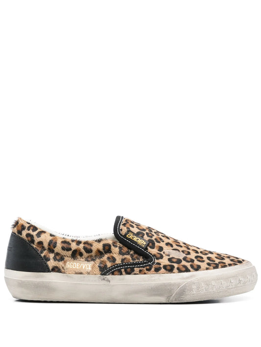 VCE Penstar trainers in leopard-print pony skin with black leather heels tab