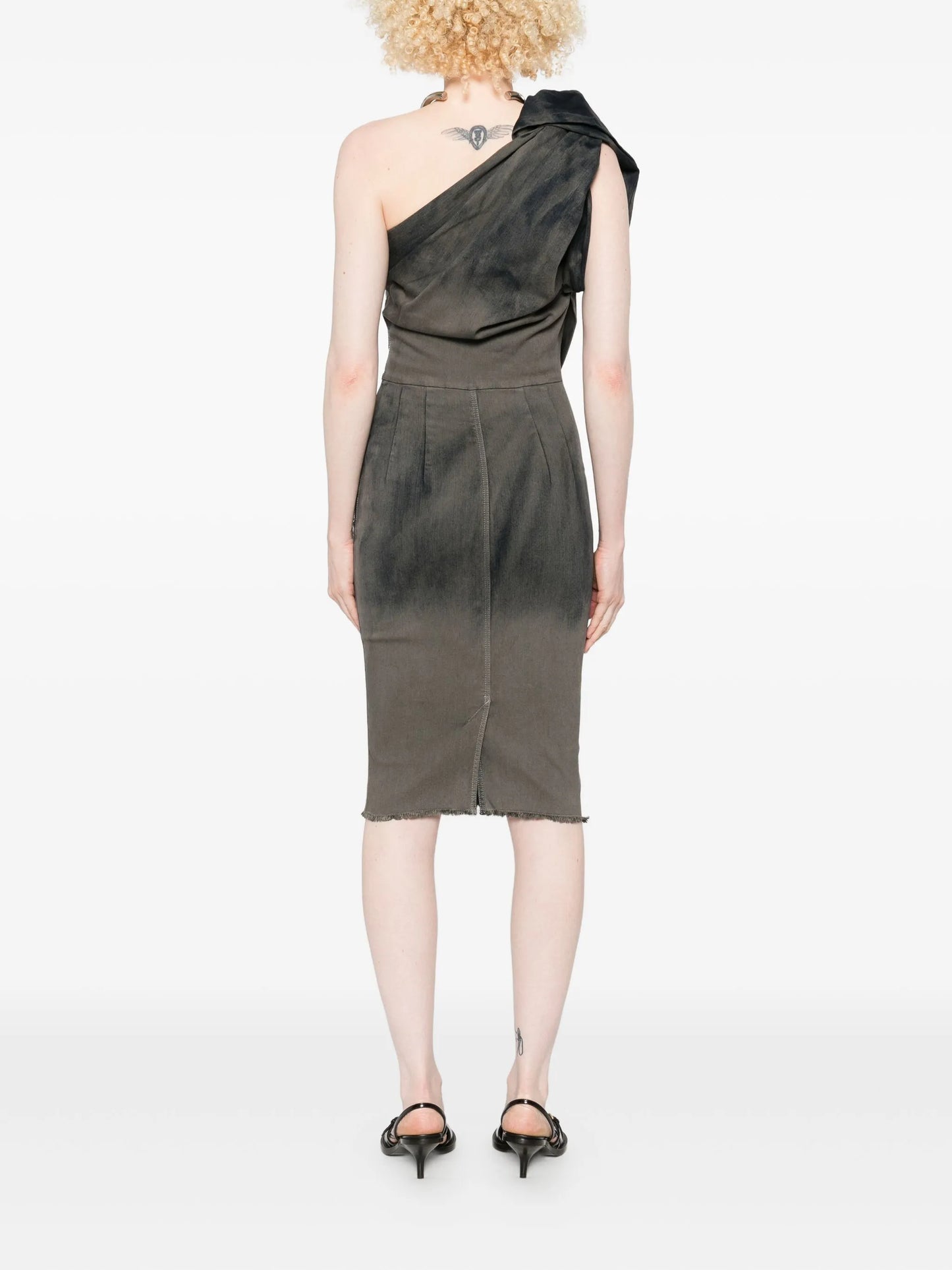 one-shoulder denim midi dress