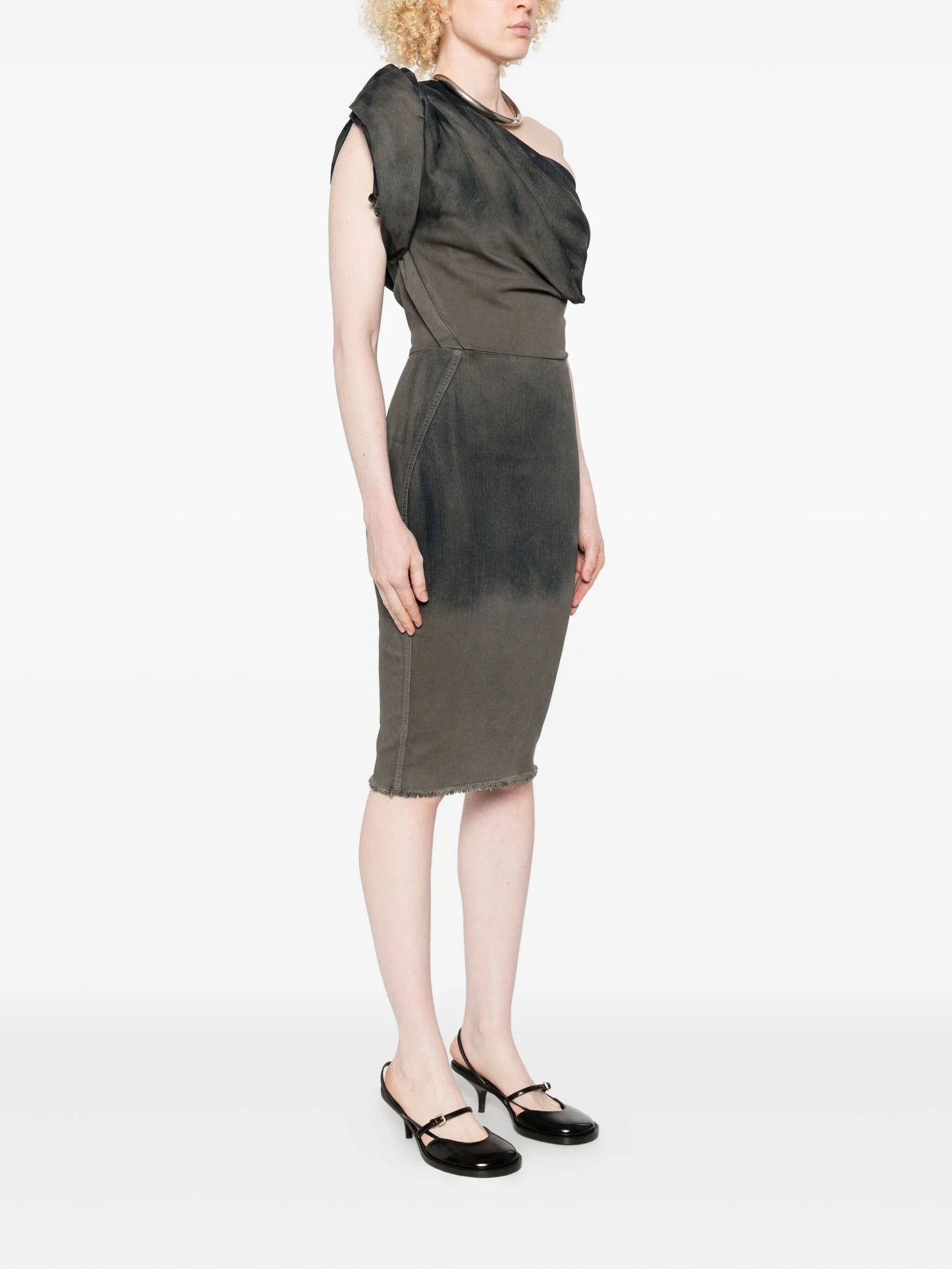one-shoulder denim midi dress