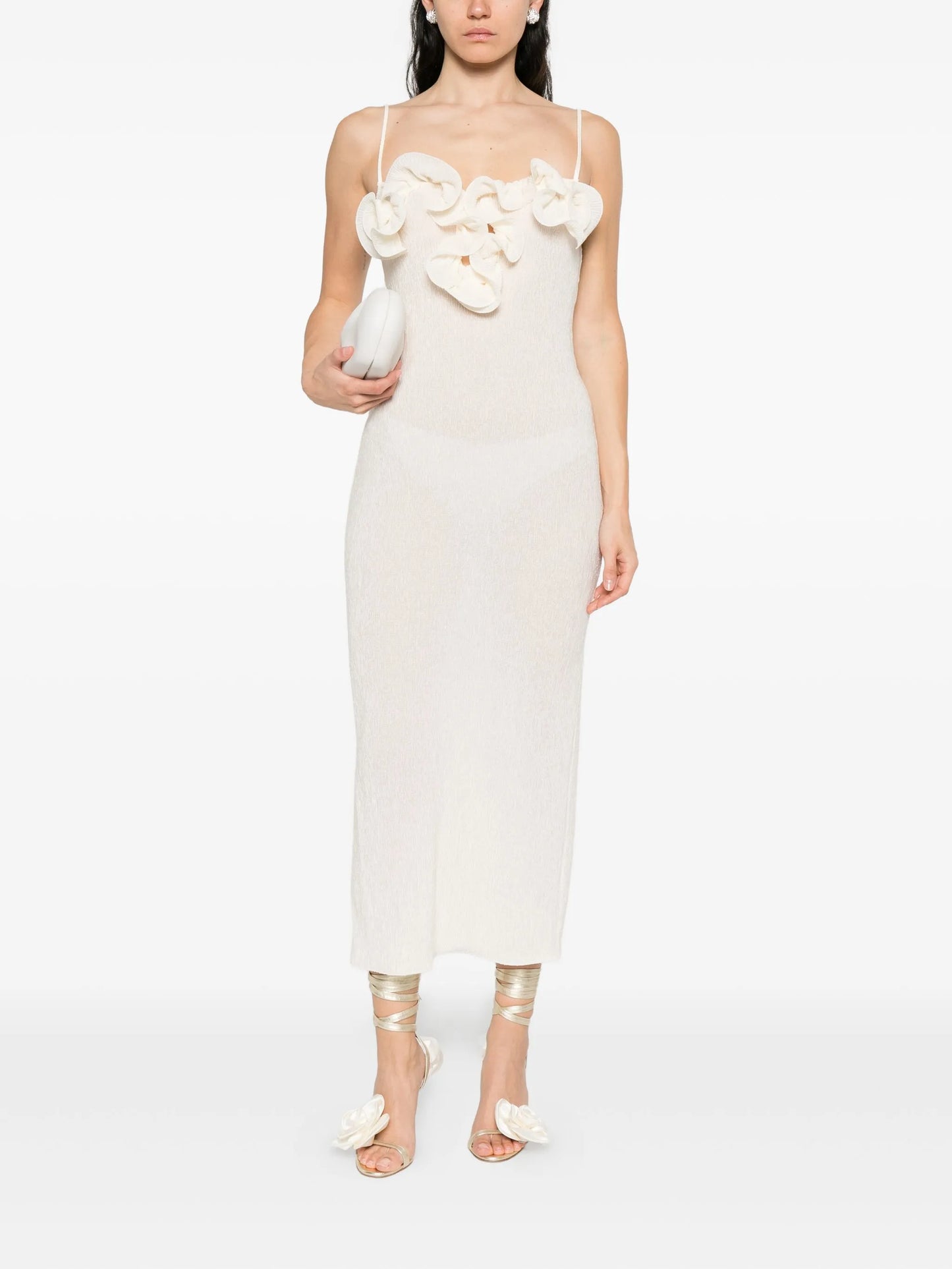 floral-appliqué midi dress