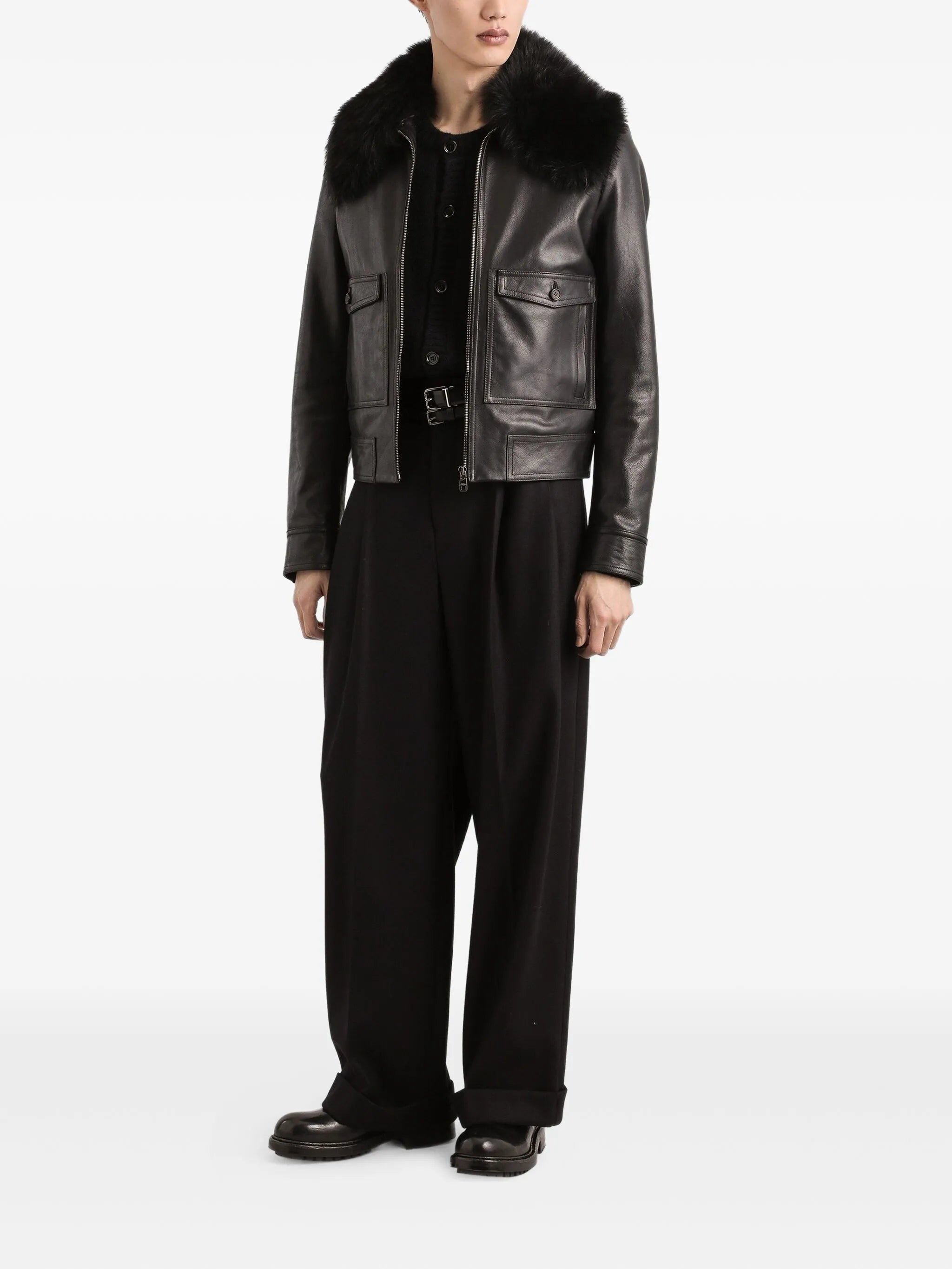 fur-collar leather jacket