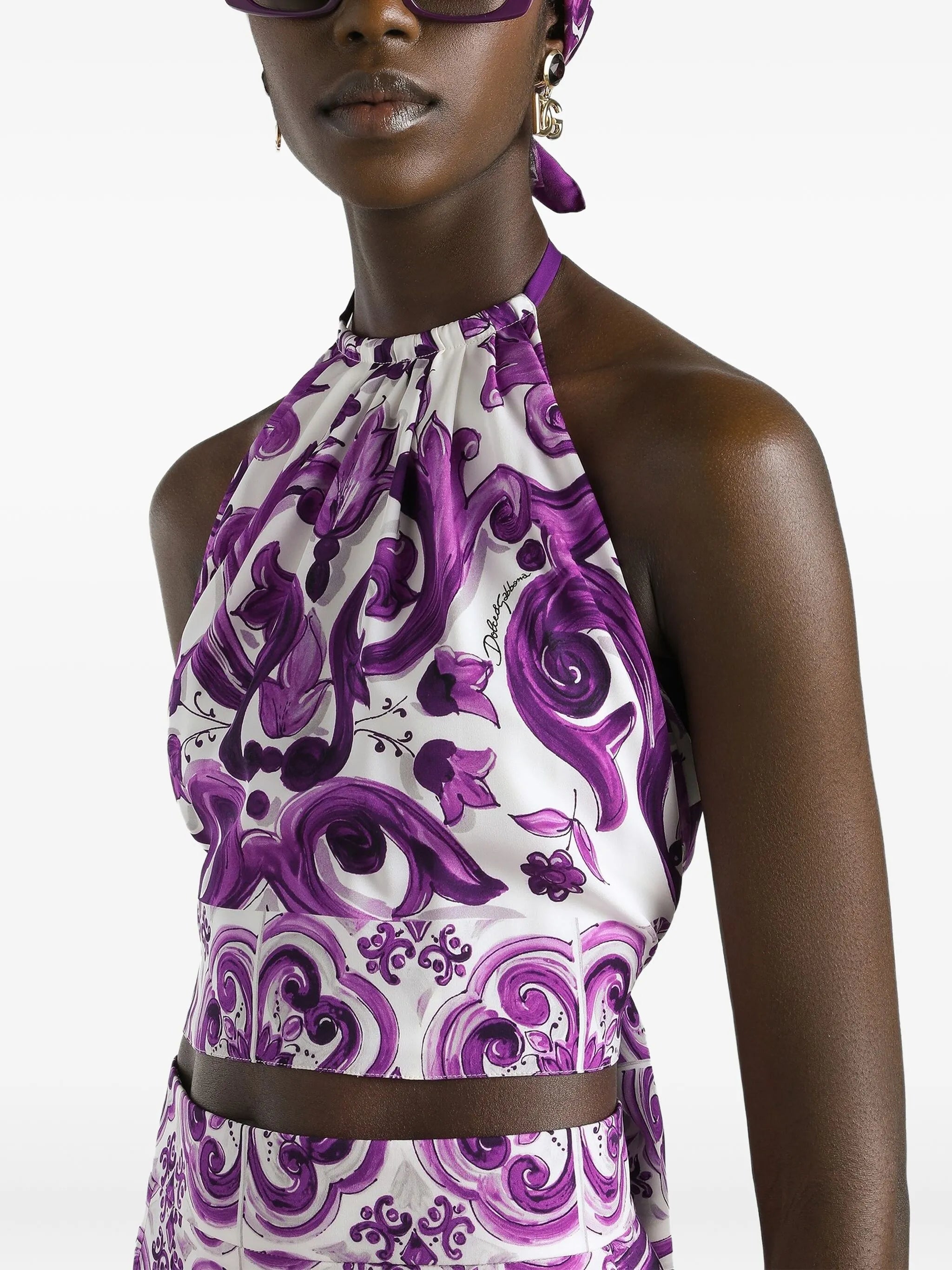 Majolica-print charmeuse top