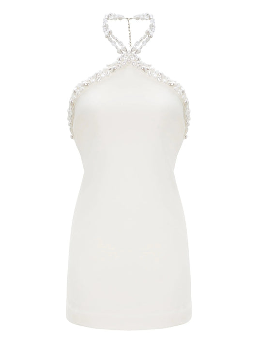 beaded halter neck mini dress