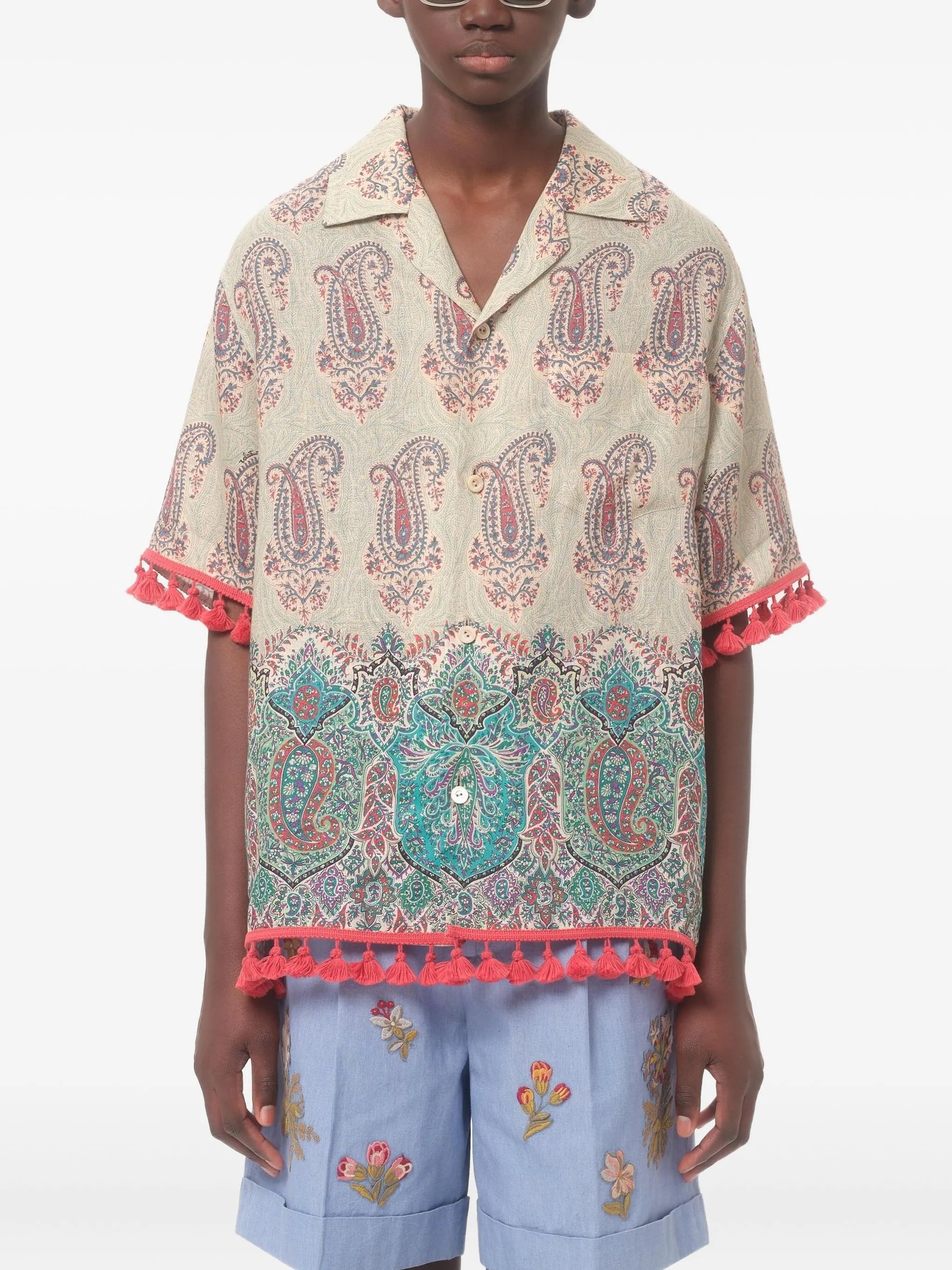 lightweight linen bowling shirt with Voyage Imaginaire print