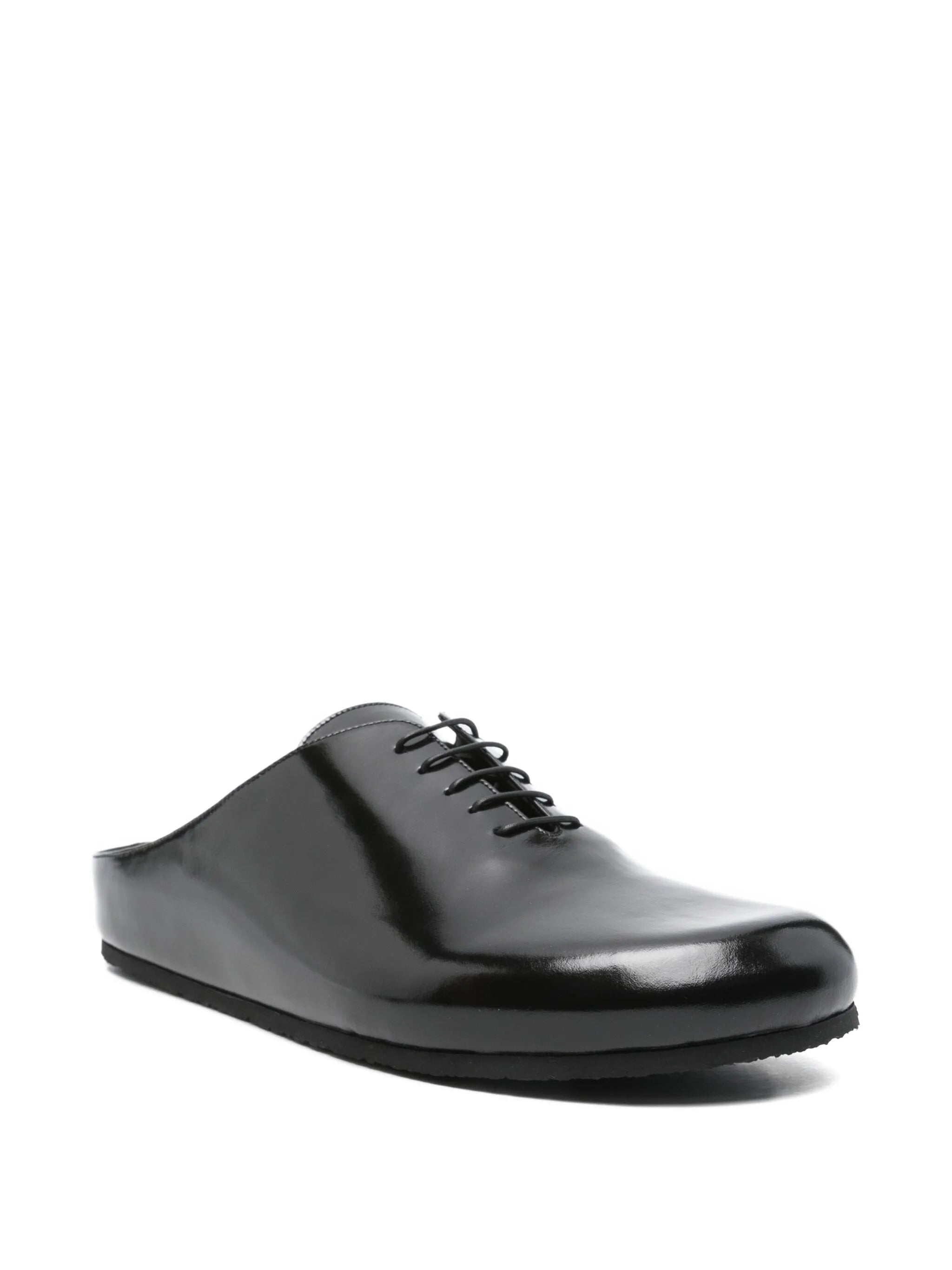 lace-up patent leather mules