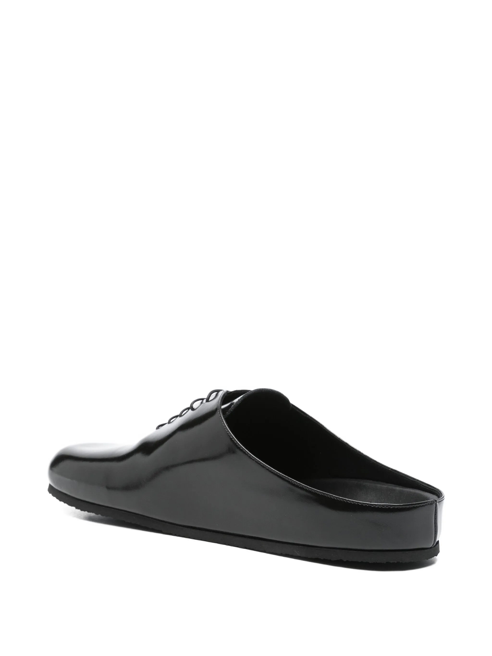 lace-up patent leather mules