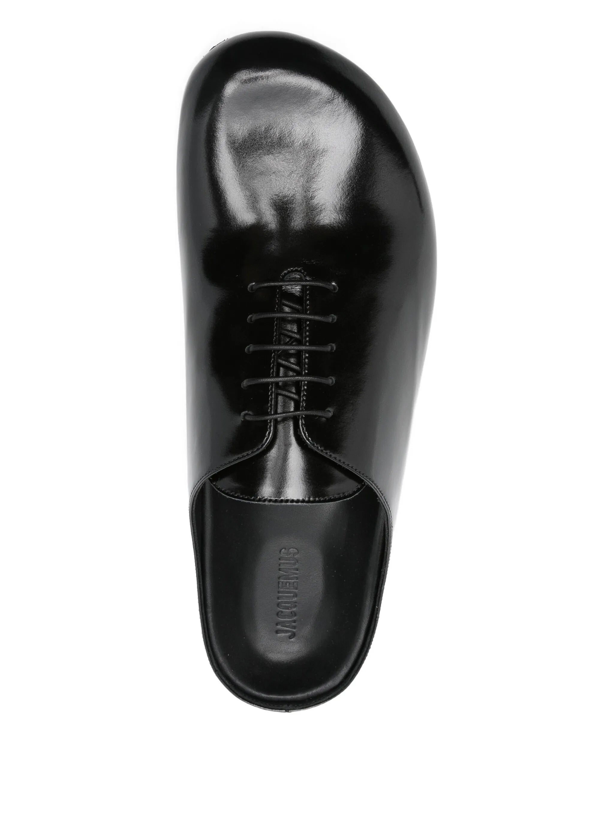 lace-up patent leather mules