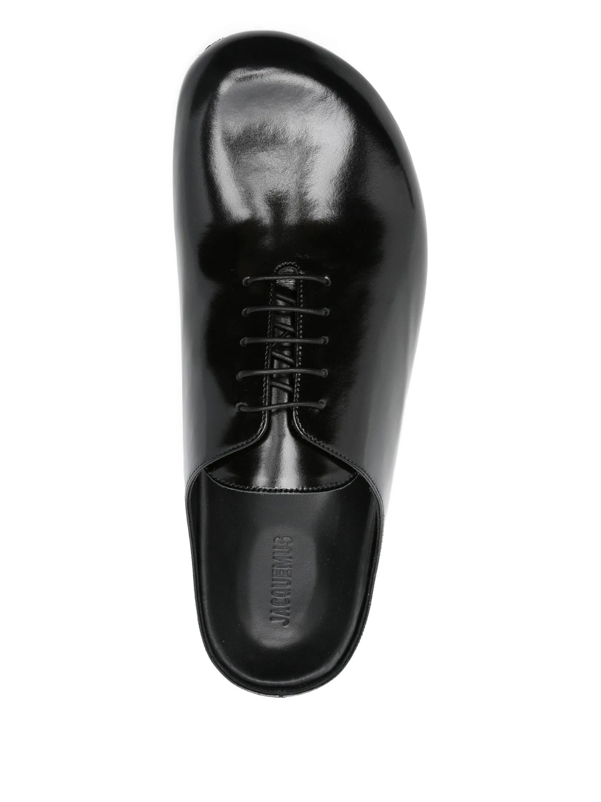 lace-up patent leather mules