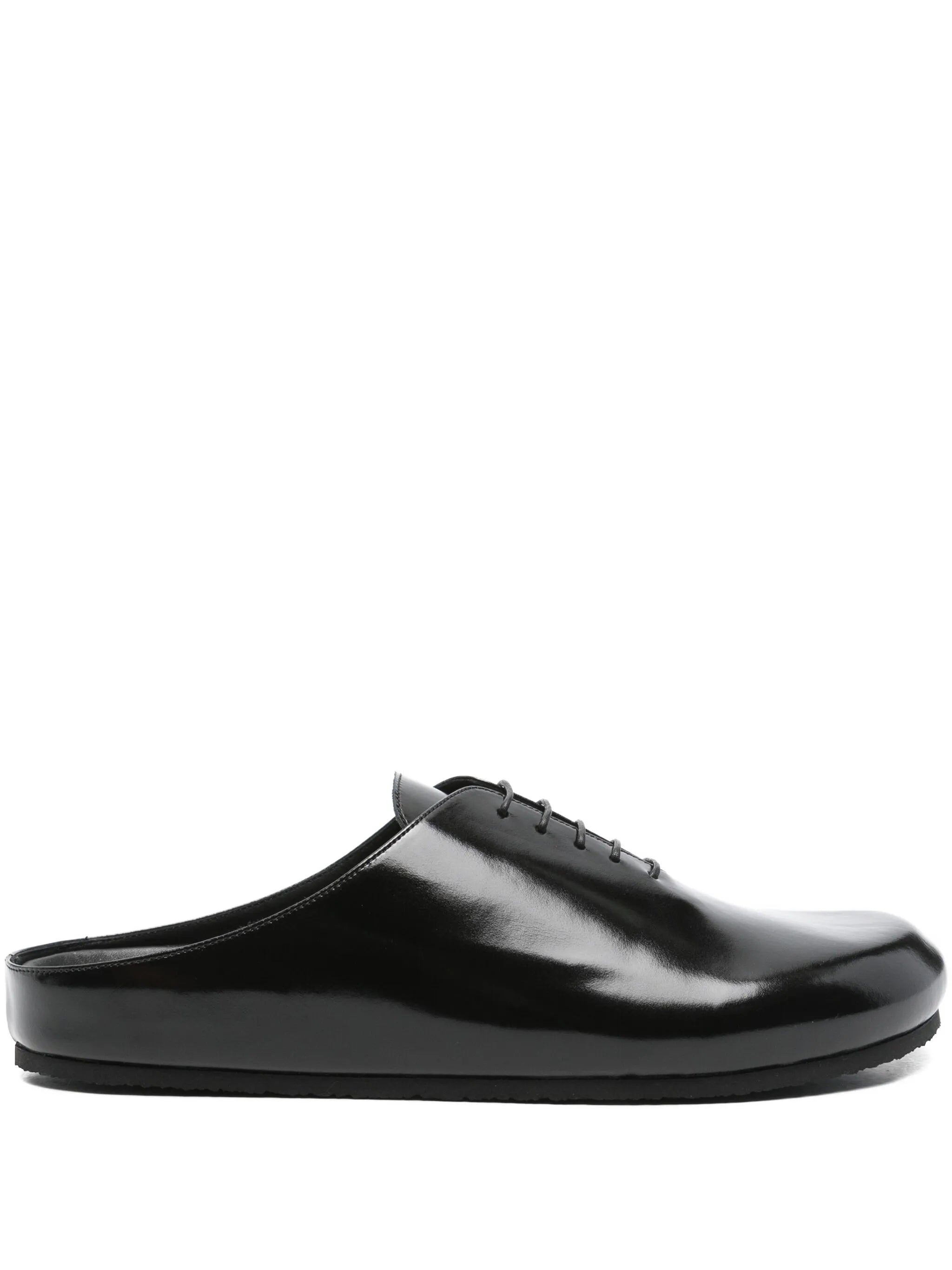lace-up patent leather mules