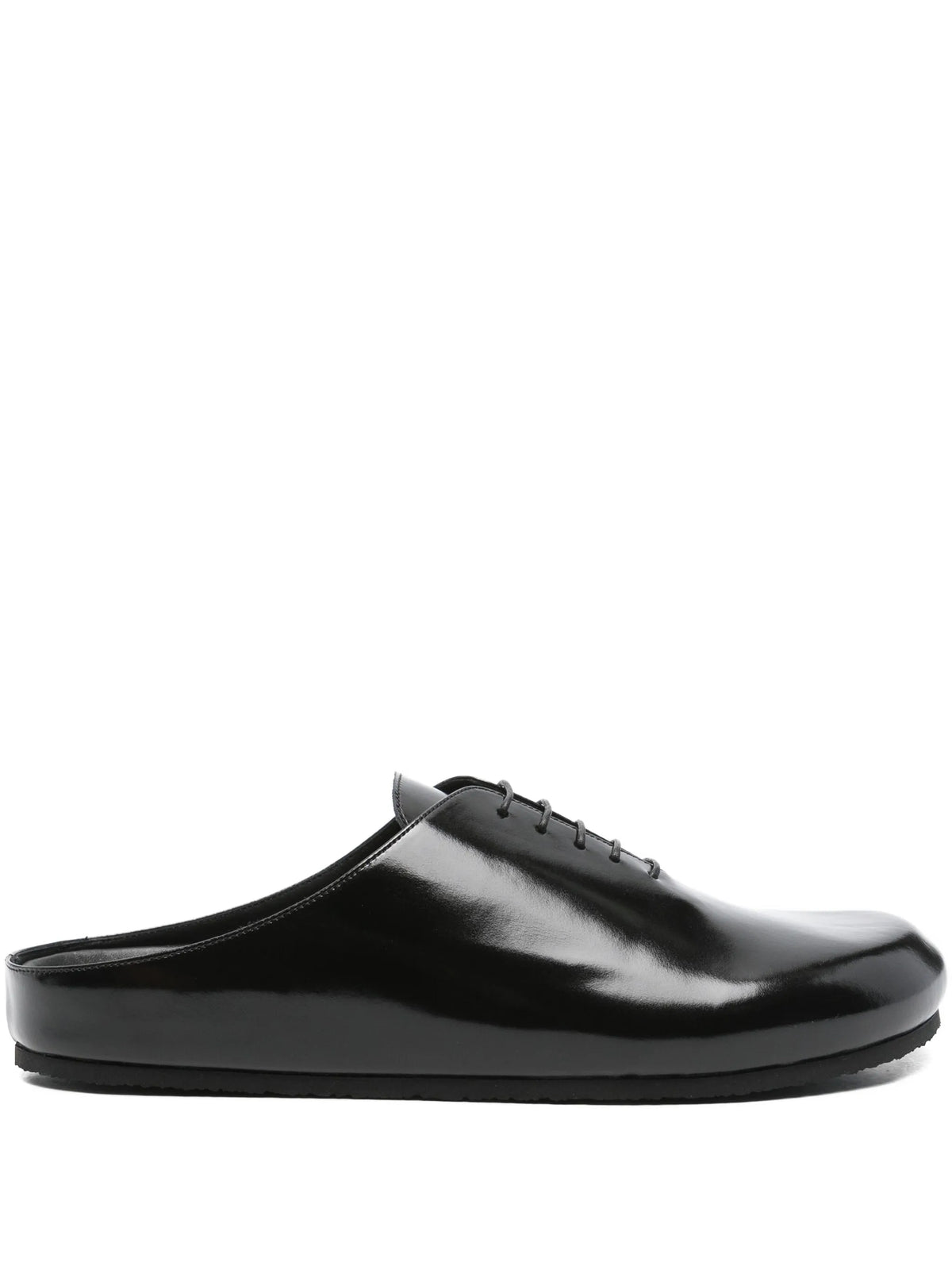 lace-up patent leather mules