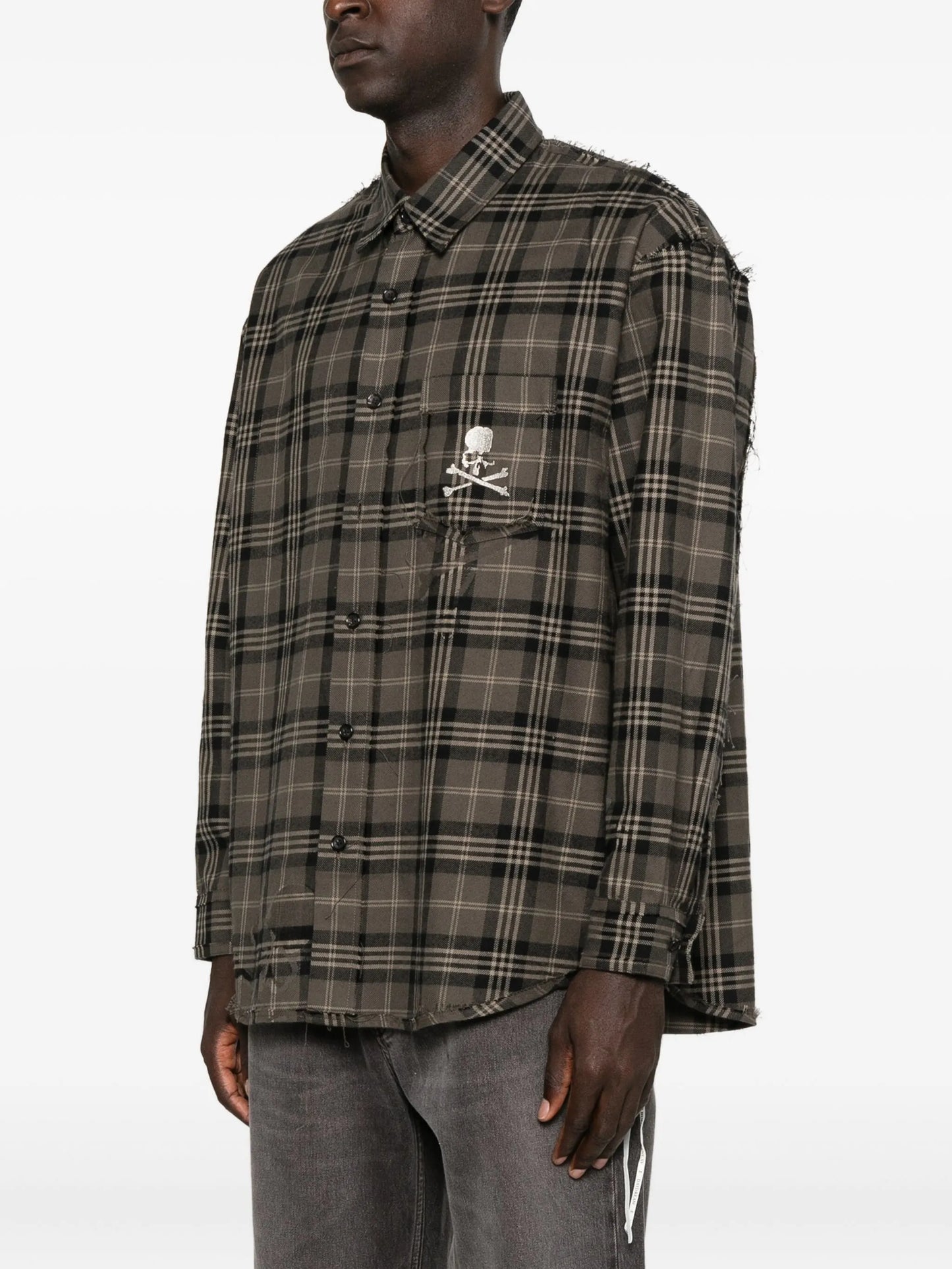 skull-embroidered plaid shirt